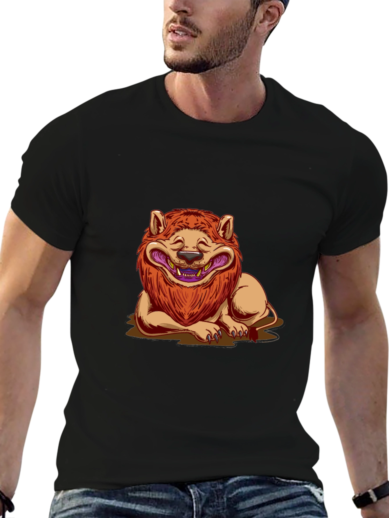 Black Lion Cartoon Graphic Black T-Shirt view 6