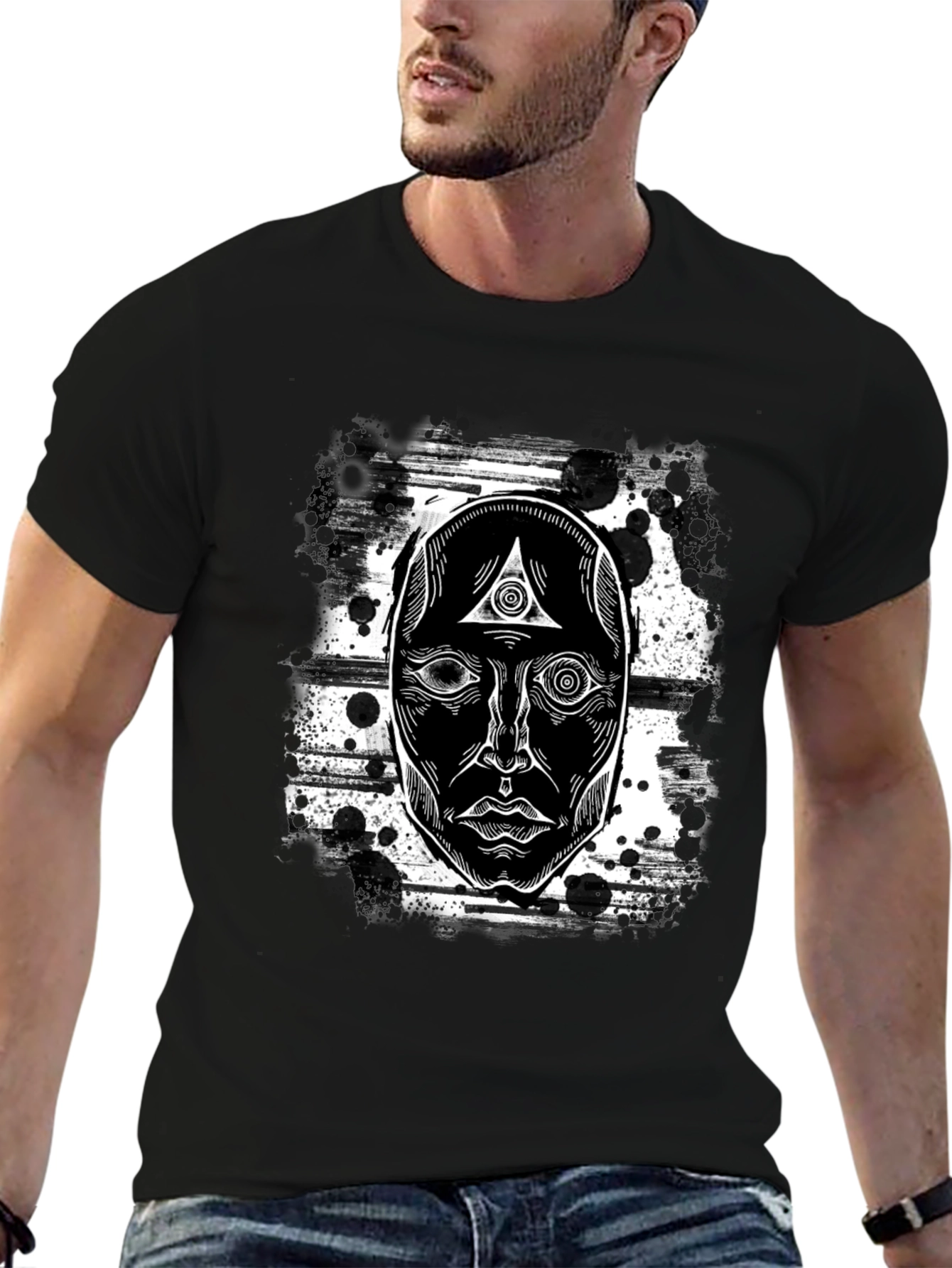 Black Mystic Face Graphic Black T-Shirt - Unique Design view 6