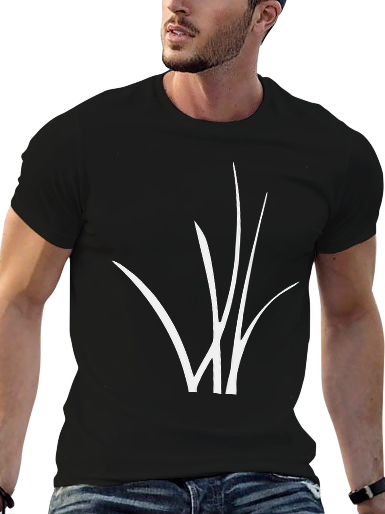 Black Black T-Shirt with Abstract White Grass Design view 6