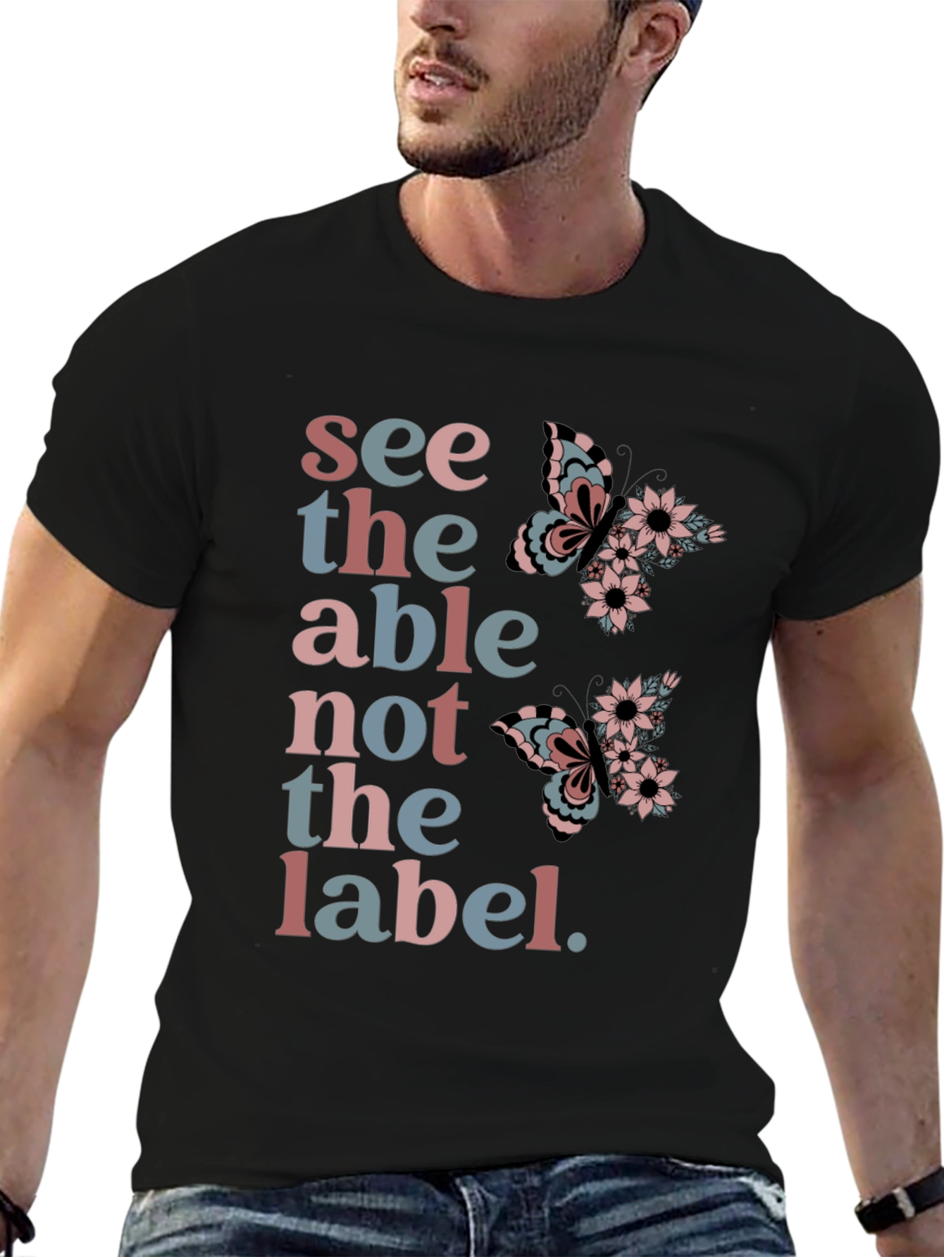 Black See the Able T-Shirt: Butterfly Floral Design view 6