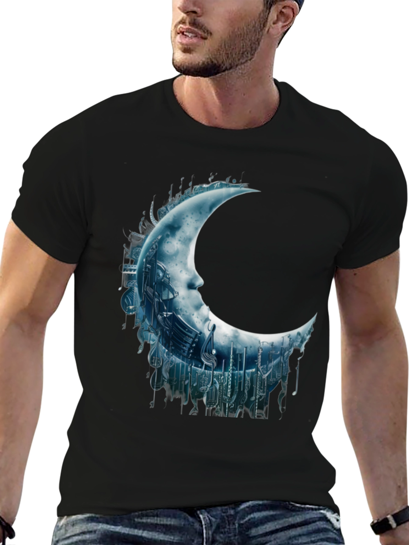 Black Crescent Moon Music Note Graphic Tee - Black view 6