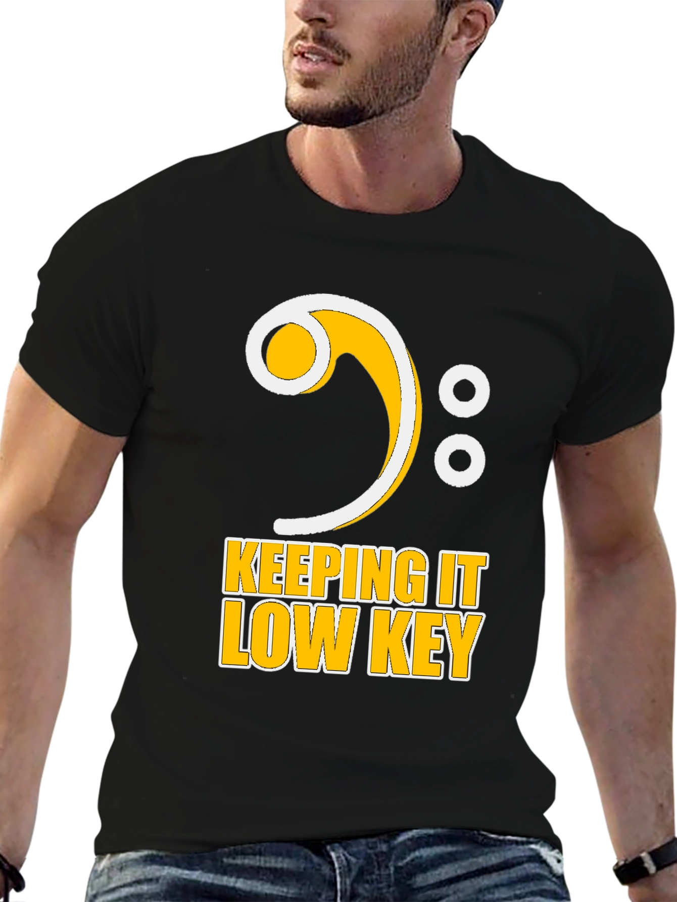 Black Keeping It Low Key Bass Clef Music T-Shirt view 6