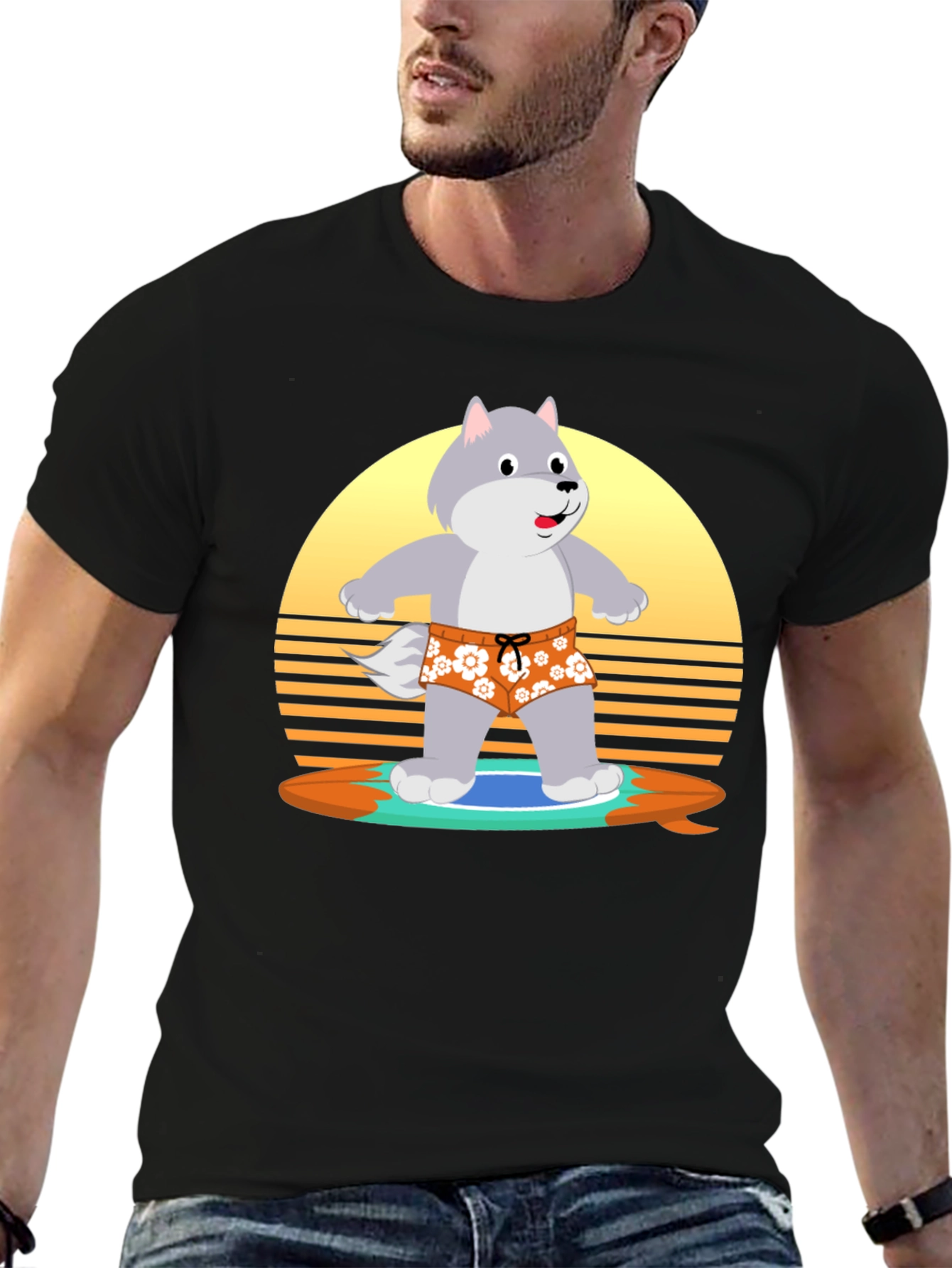 Black Surfing Wolf T-Shirt: Retro Style view 6