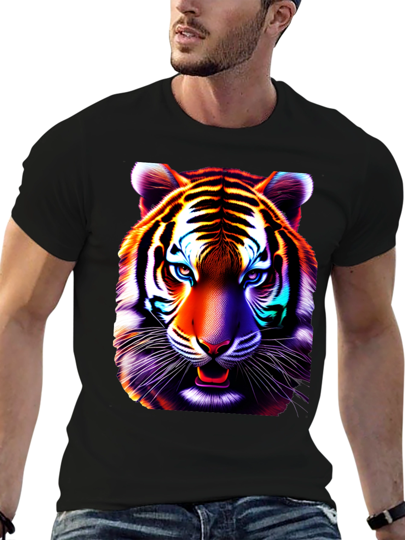 Black Vibrant Tiger Graphic Tee - Cool Animal Print Shirt view 6
