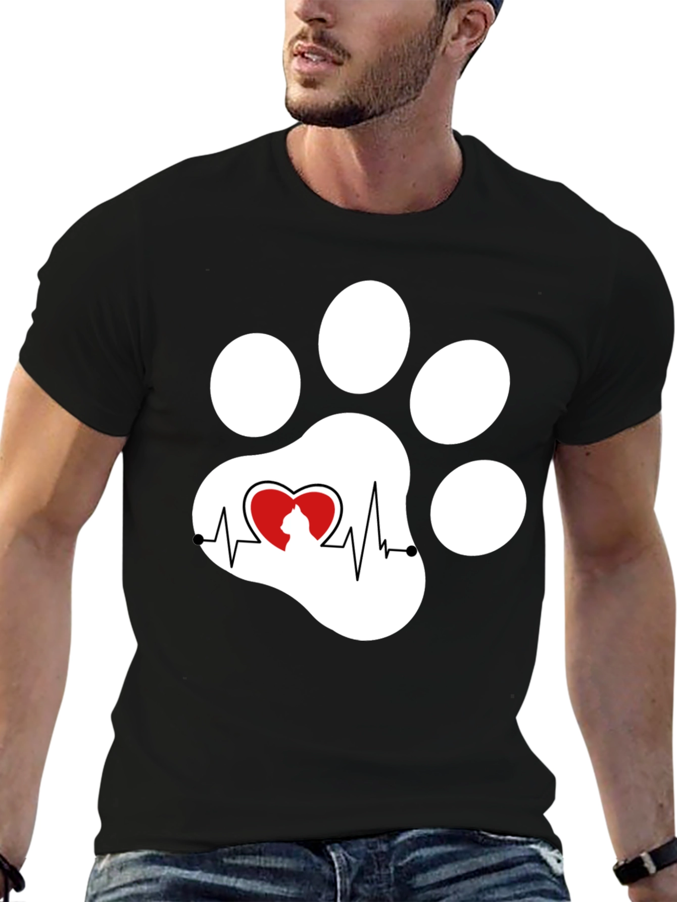 Black Black Cat Paw Heartbeat T-Shirt view 6