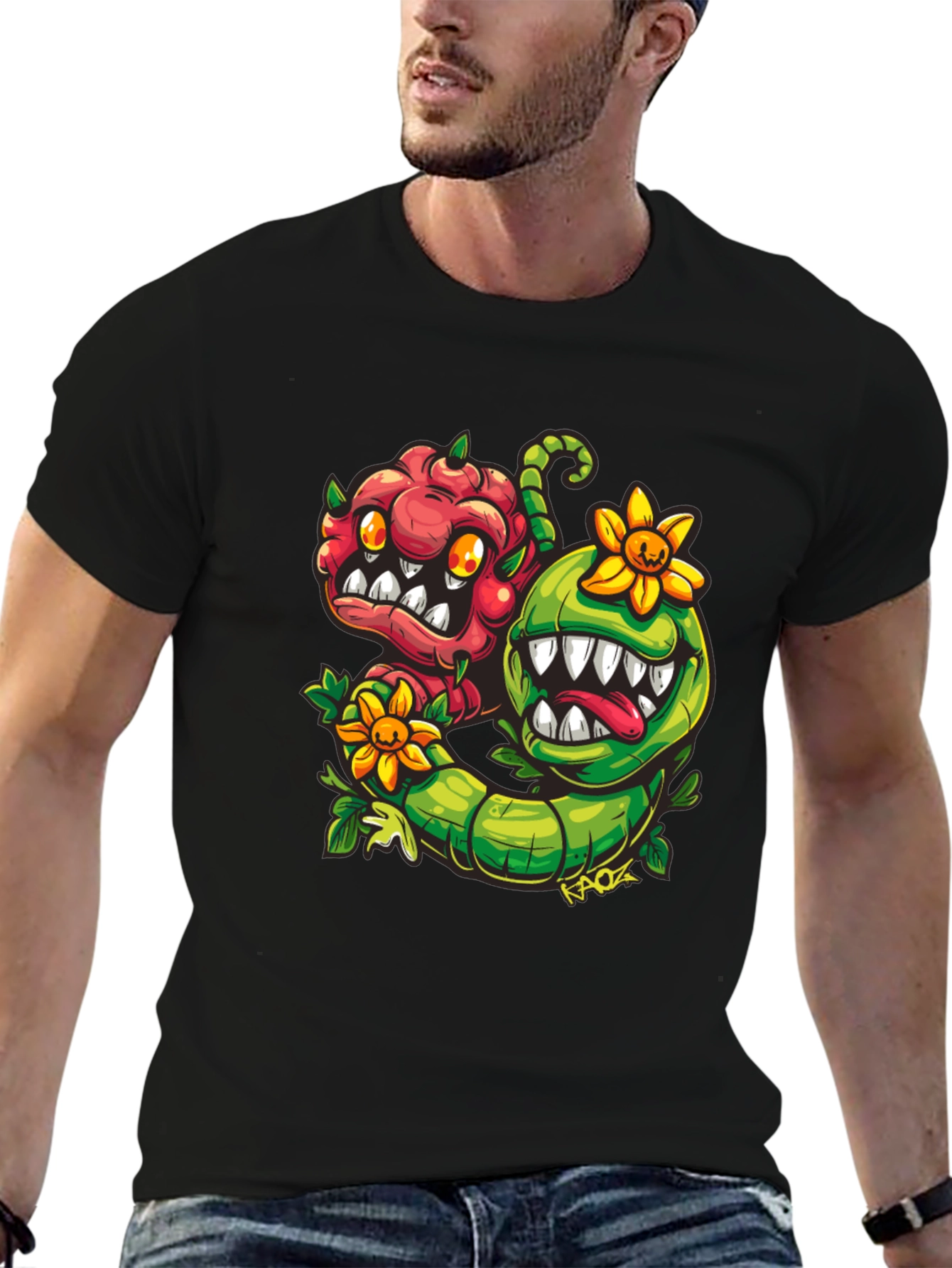 Black Cartoon Monster Plant T-Shirt - Black view 6