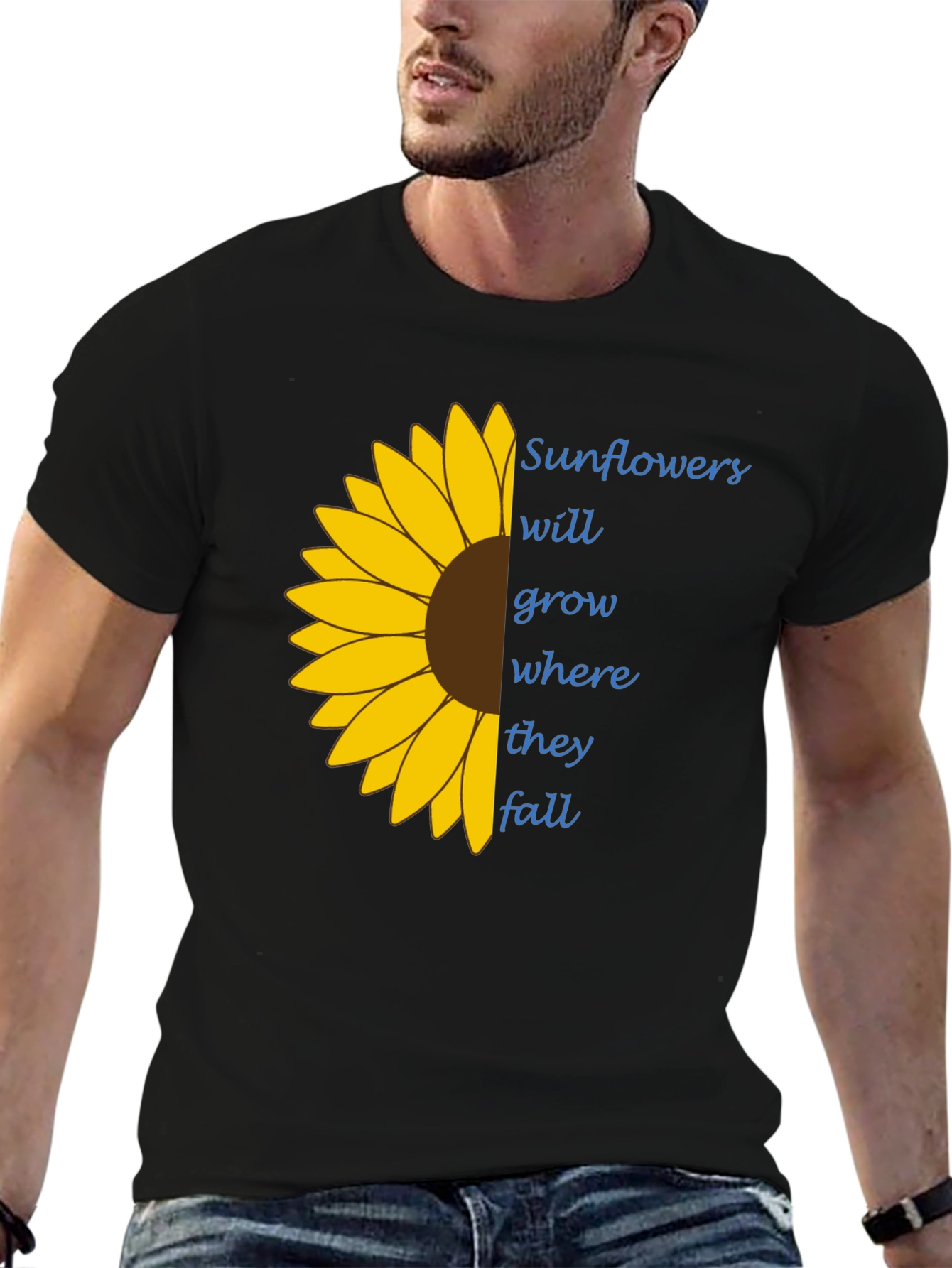 Black Sunflower Graphic Tee - "Grow Where They Fall" T-Shirt view 6