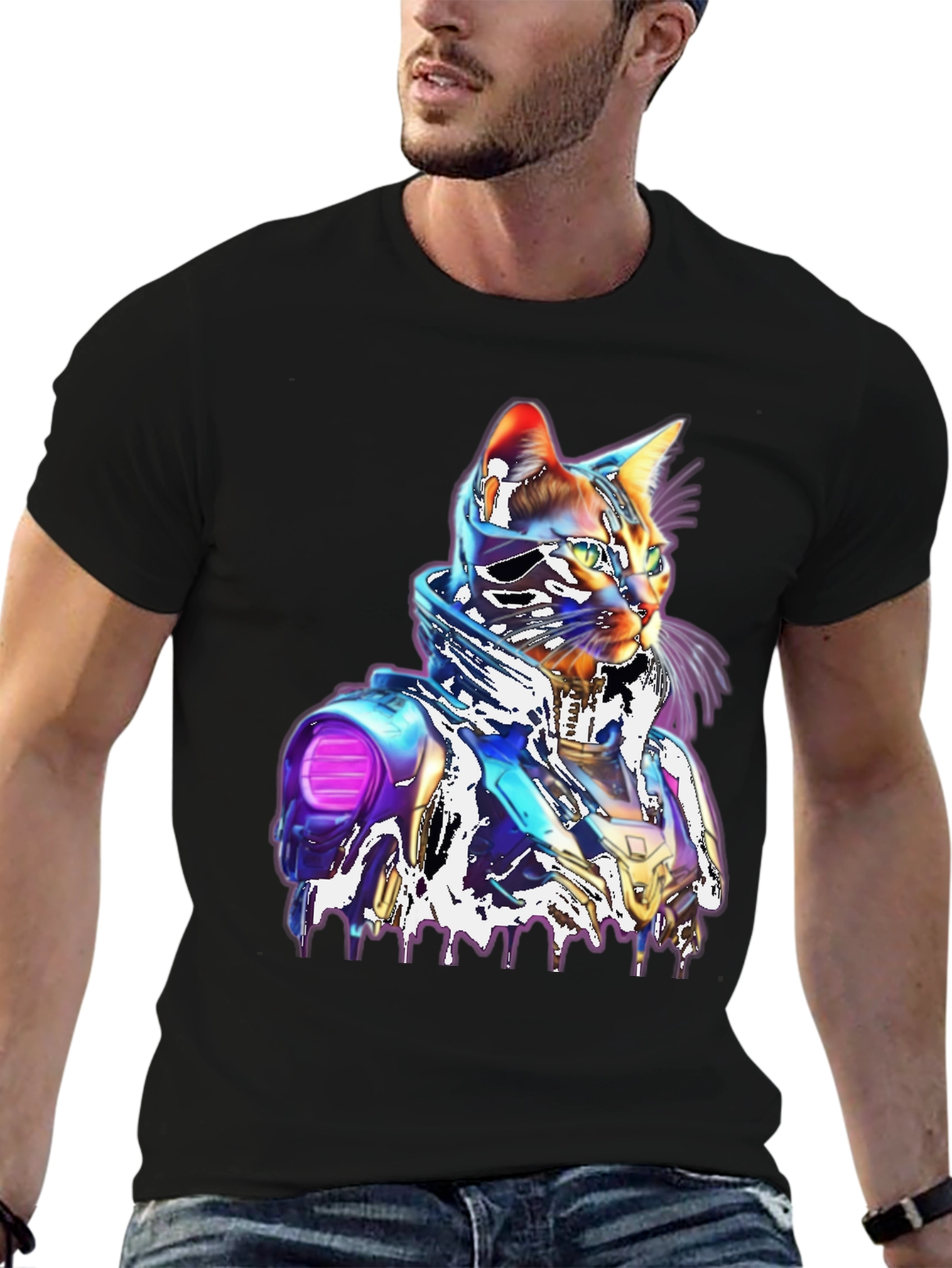Black Cyberpunk Cat T-Shirt - Unique Futuristic Style view 6