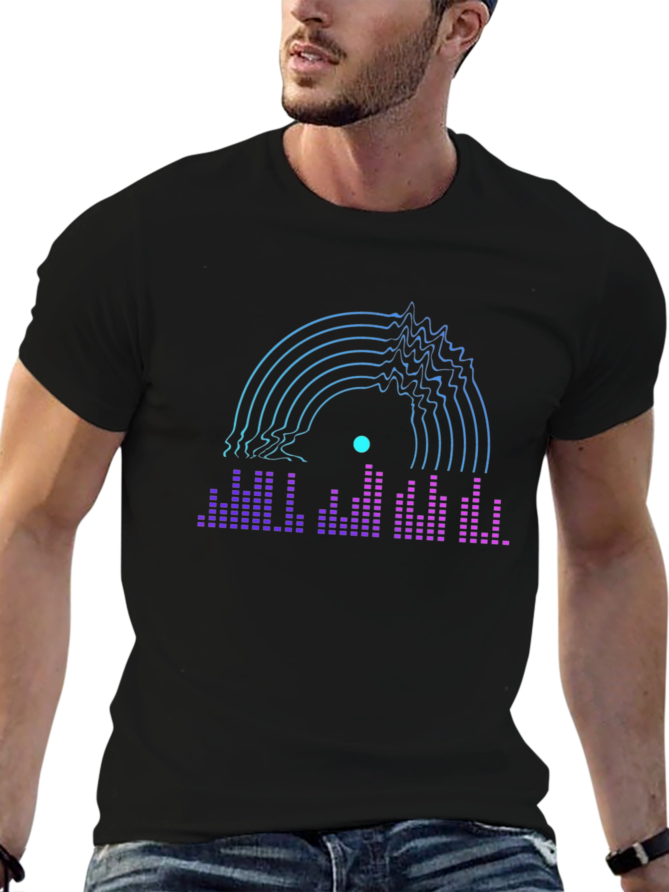 Black Retro Vinyl Record Glitch Graphic Tee - Black view 6