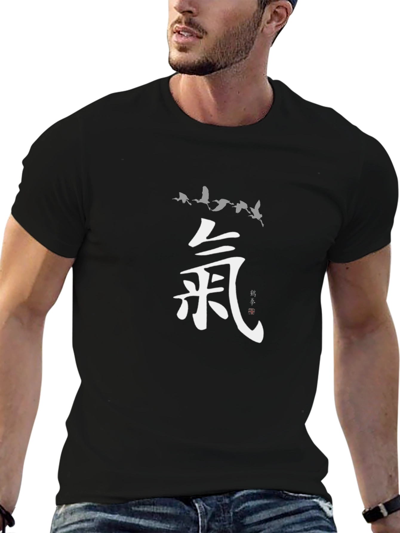 Black Zen Black T-Shirt with Crane and Kanji Design view 6