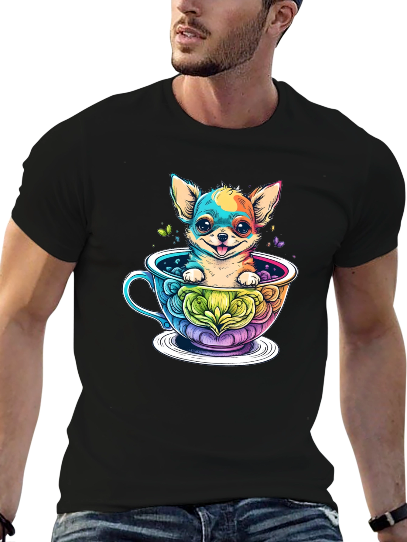 Black Chihuahua in Teacup Graphic Black T-Shirt view 6