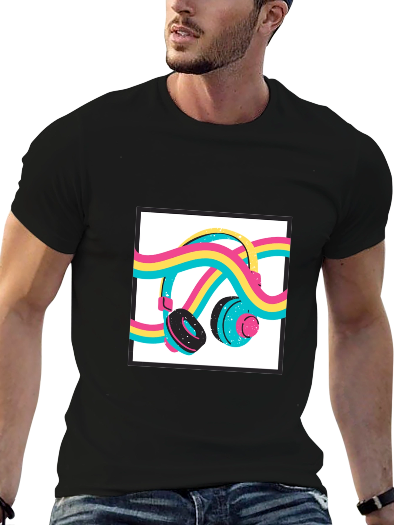 Black Retro Headphones Graphic Tee - Black Cotton Blend Shirt view 6