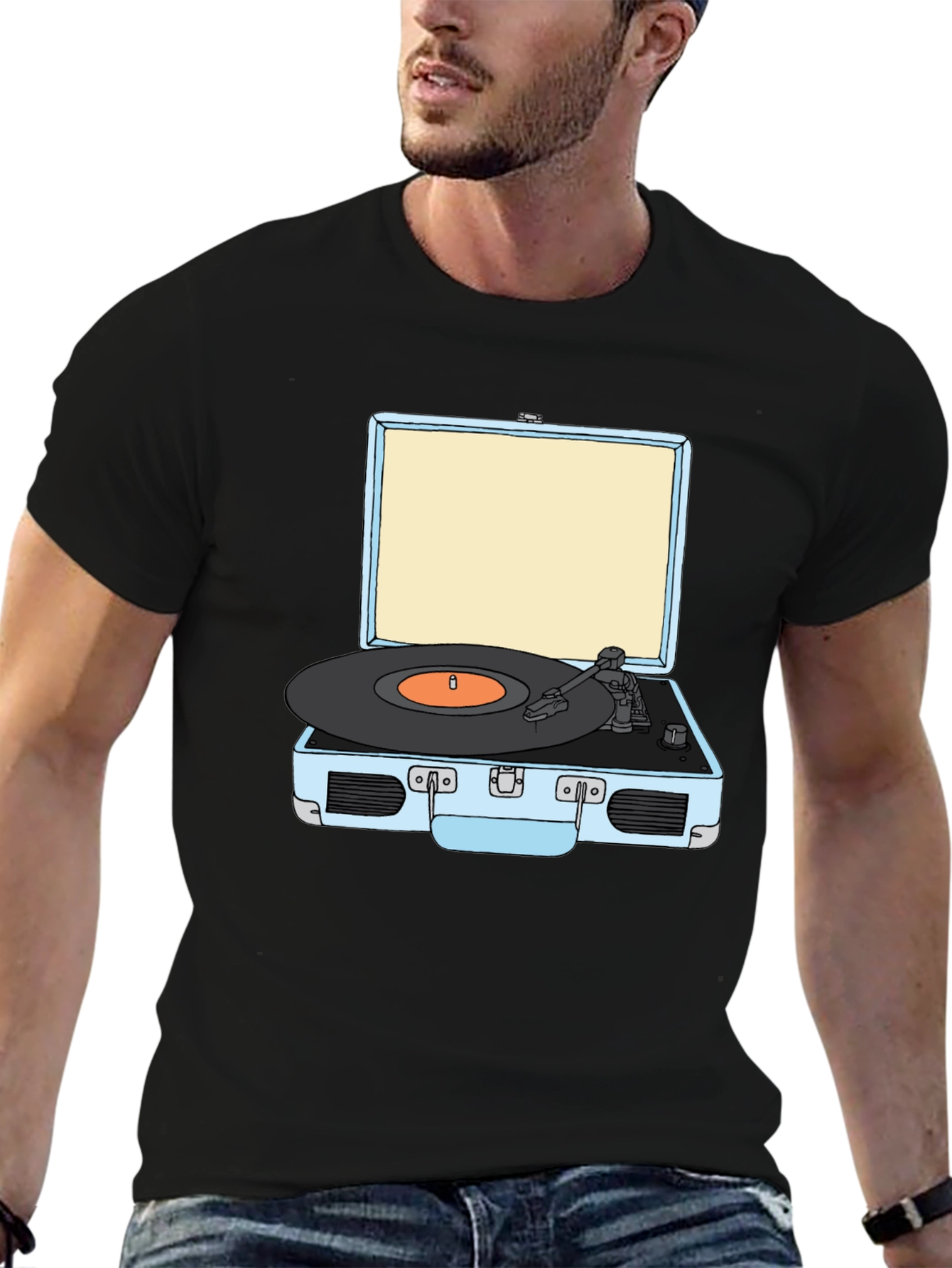 Black Retro Turntable Graphic Tee - Black Cotton T-Shirt view 6
