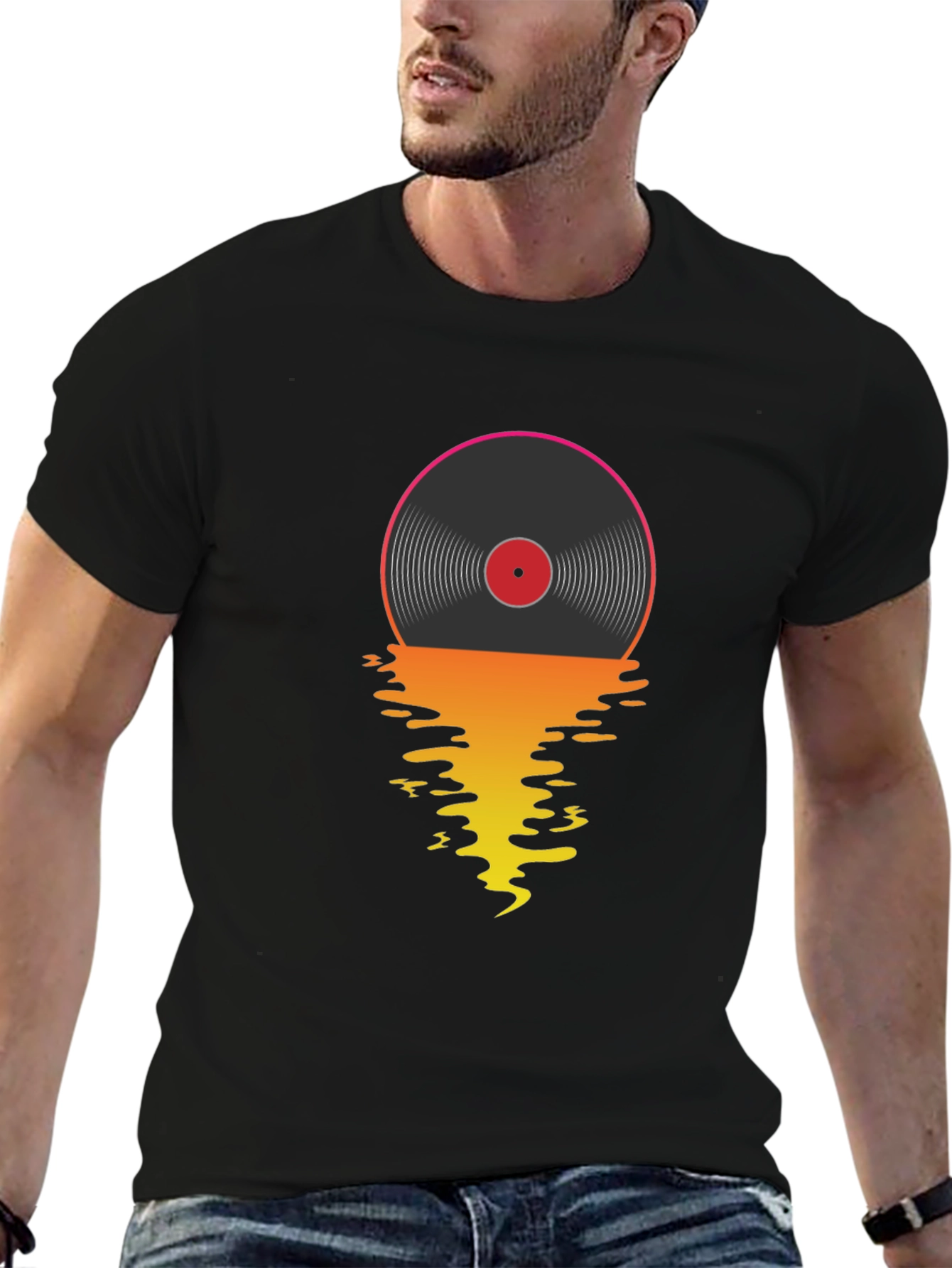 Black Retro Vinyl Record Sunset Graphic T-Shirt view 6