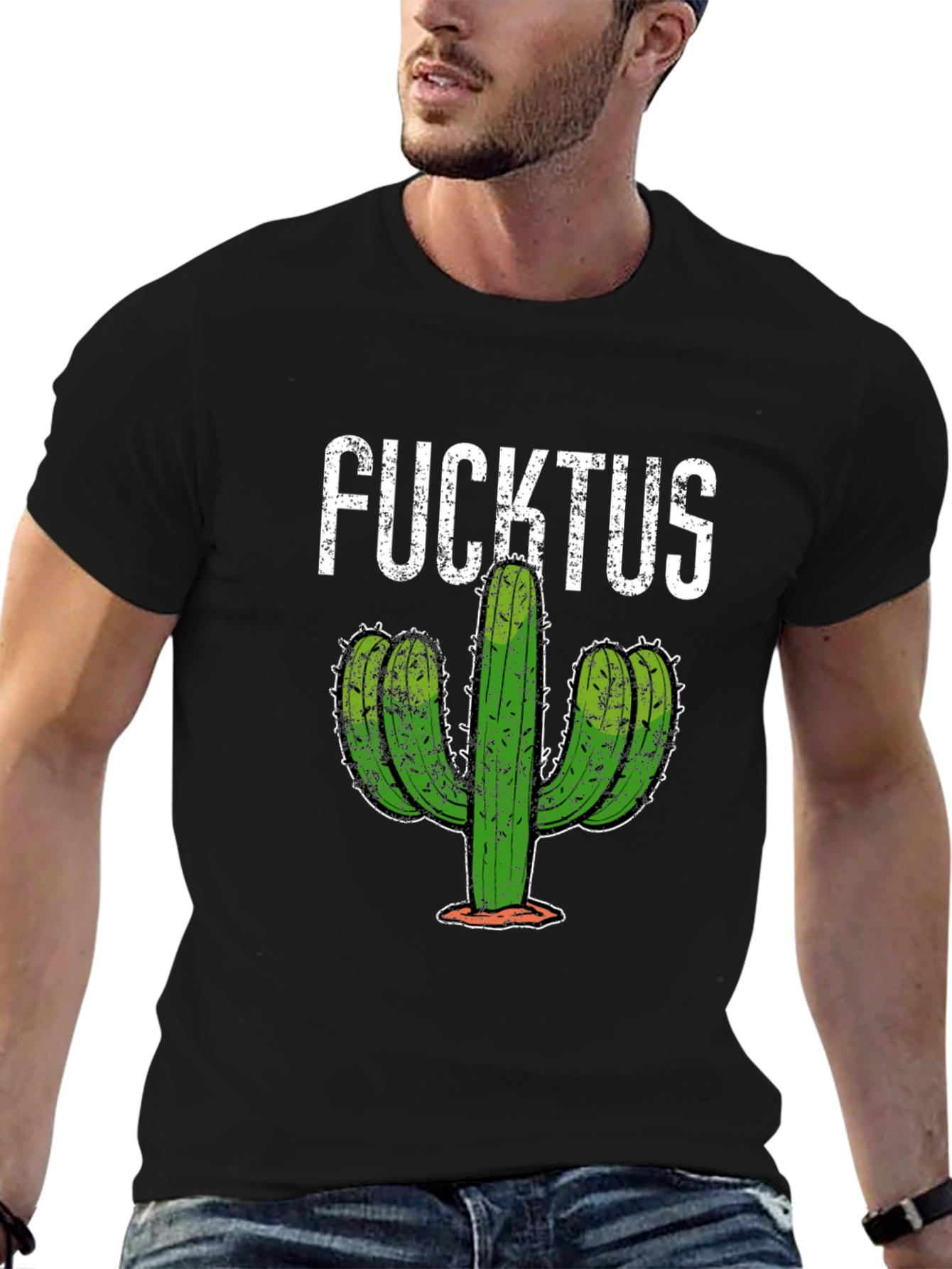 Black Funny Fucktus Cactus Graphic T-Shirt - Black view 6