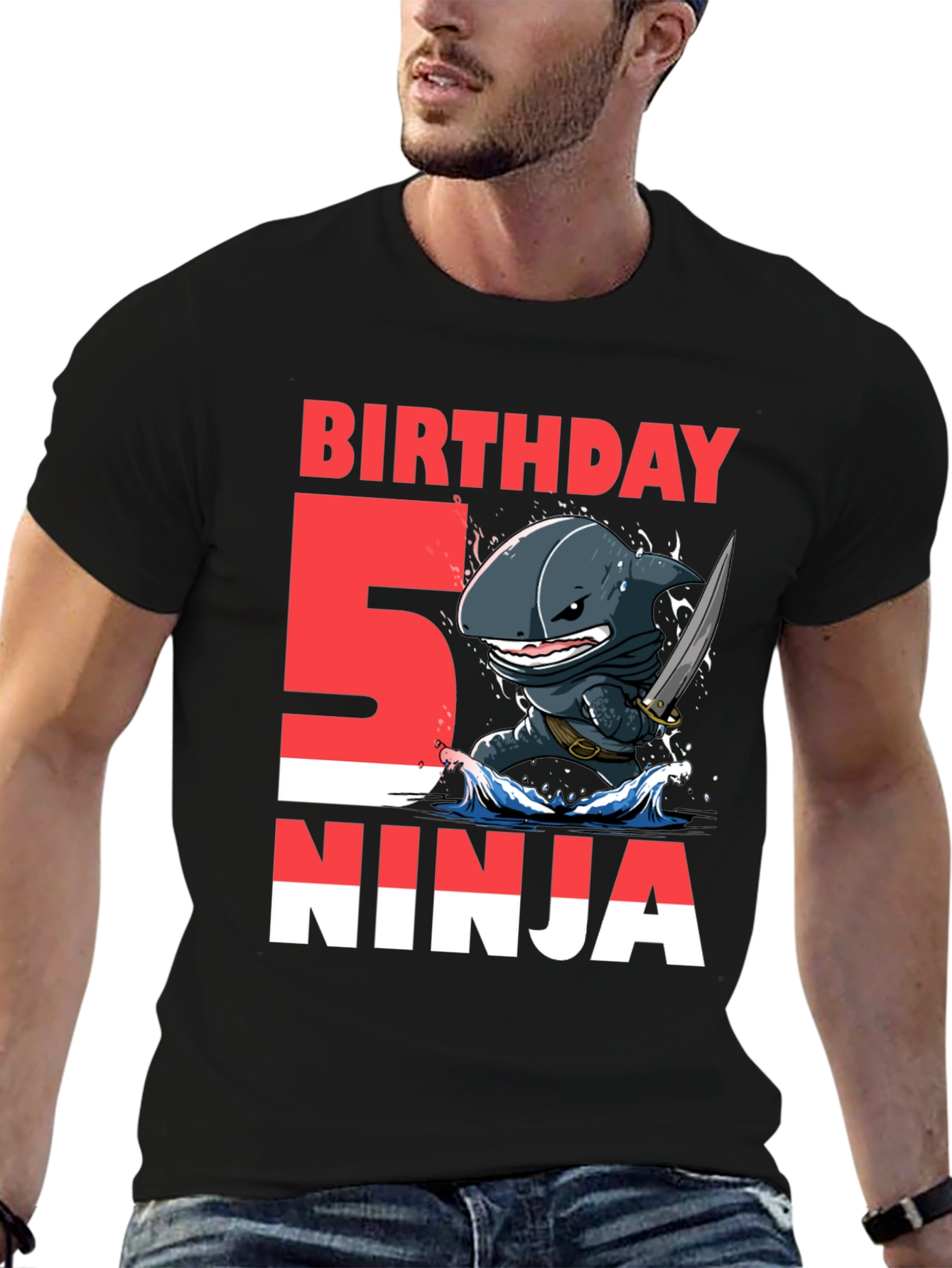 Black 5th Birthday Ninja Shark T-Shirt view 6