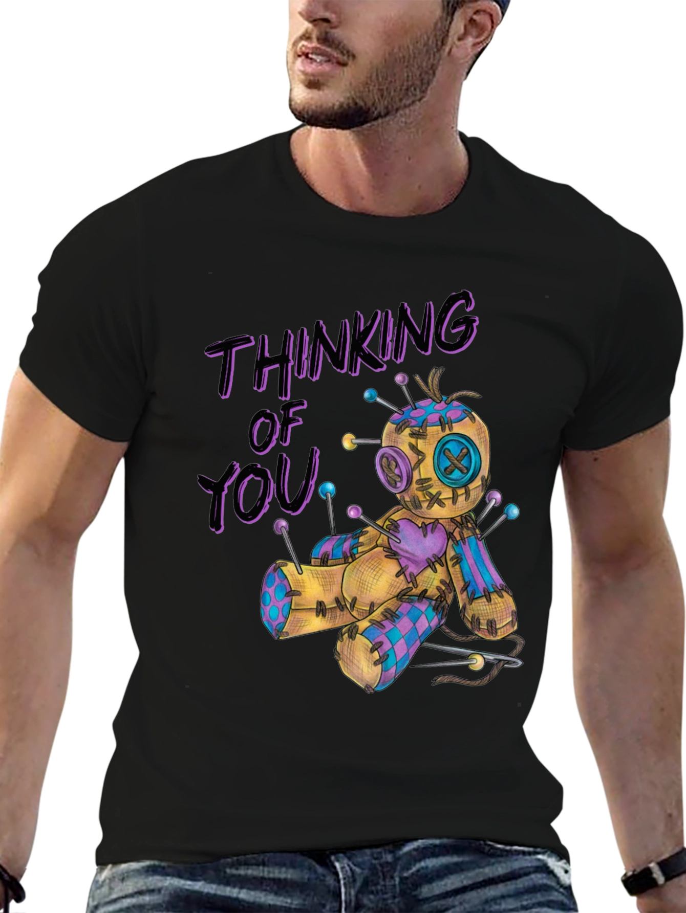 Black Thinking of You Voodoo Doll Graphic T-Shirt view 6