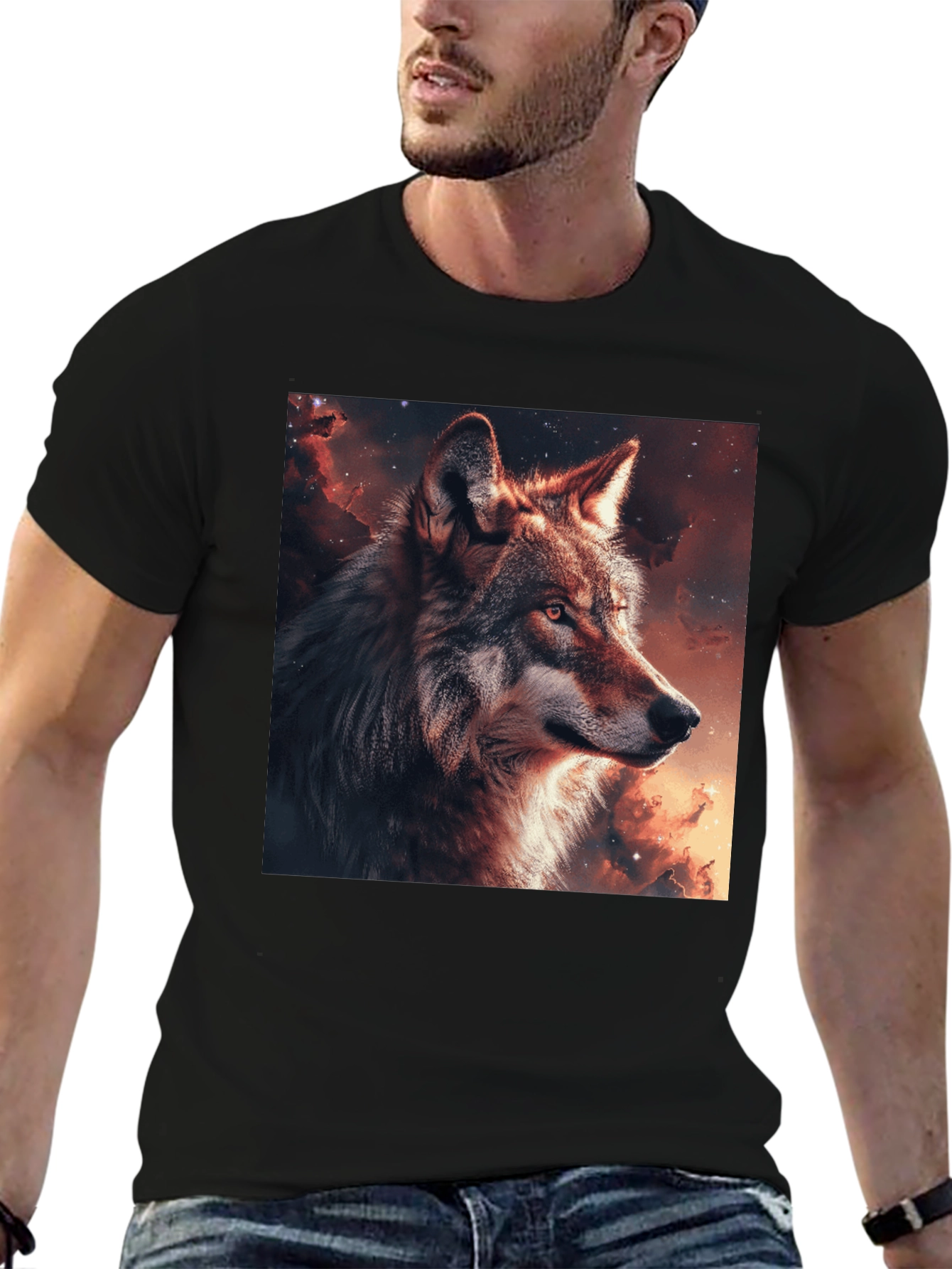 Black Wolf Galaxy Graphic T-Shirt - Men's Black Tee view 6