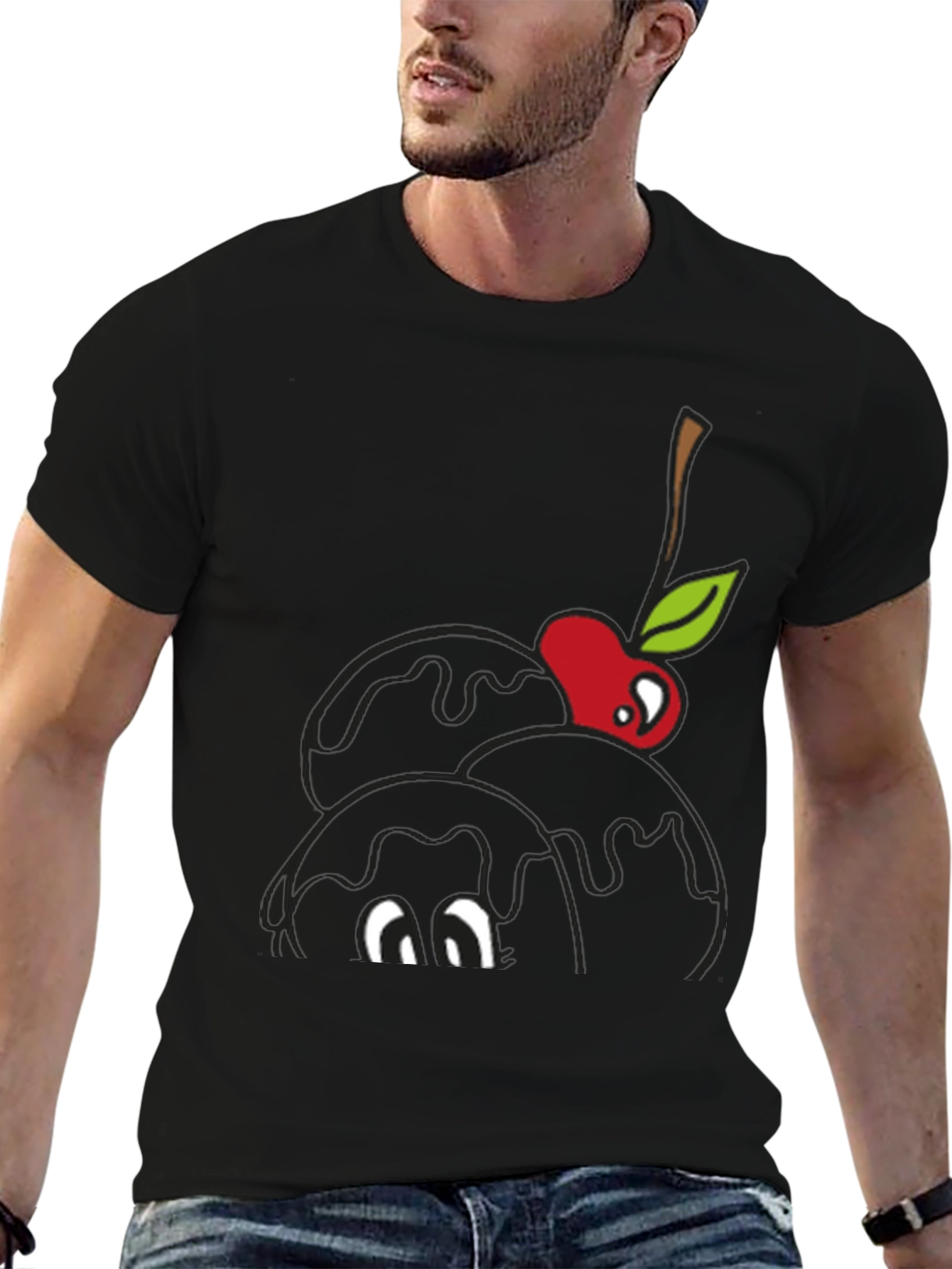 Black Black T-Shirt with Cartoon Cherry Ice Cream Design view 6