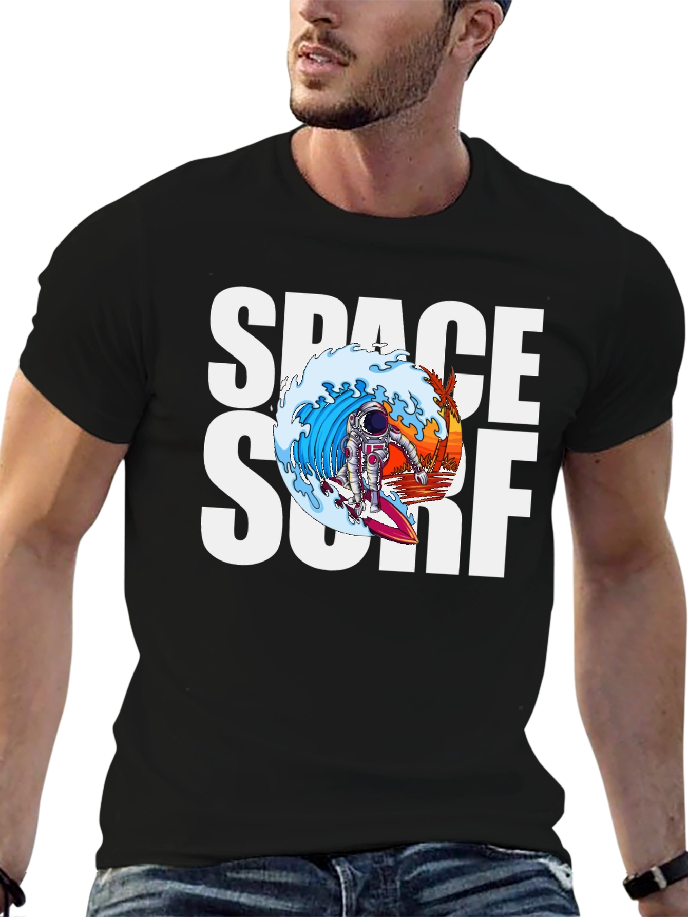 Black Space Surf Graphic Tee - Astronaut Surfing T-Shirt view 6
