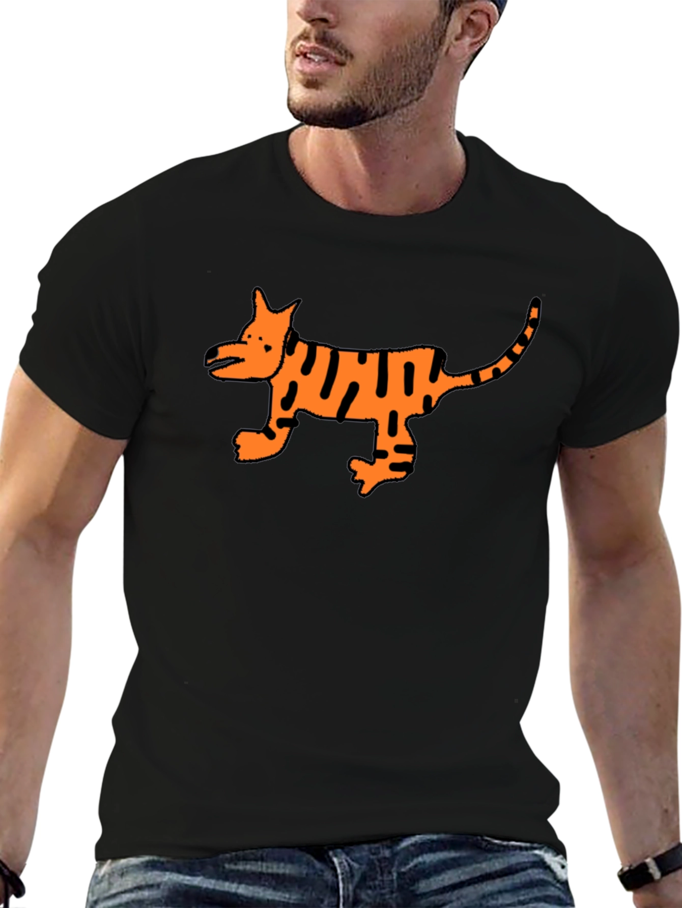 Black Cool Black T-Shirt with Cartoon Tiger Design view 6