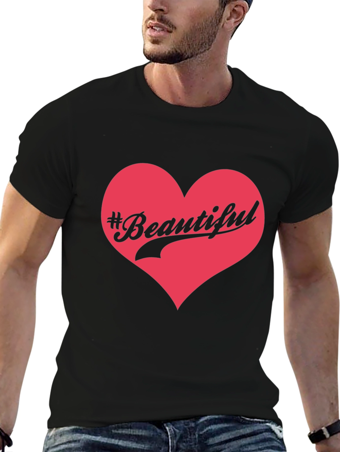 Black #Beautiful Heart Graphic Print Black T-Shirt view 6