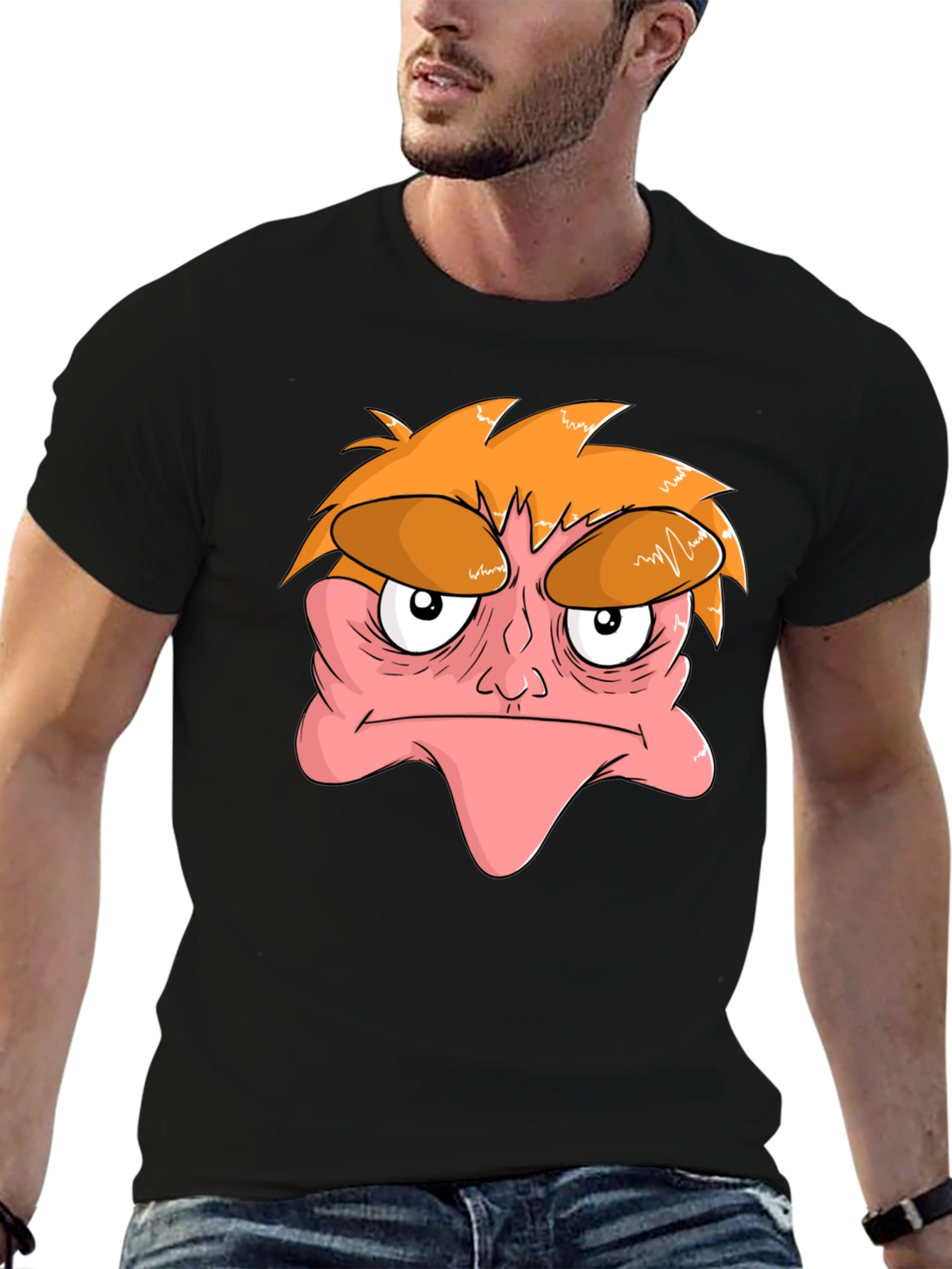 Black Grumpy Cartoon Face Black T-Shirt view 6