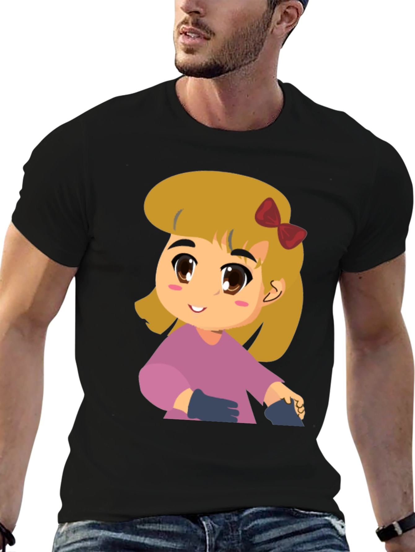 Black Cute Girl Cartoon Black T-Shirt view 6
