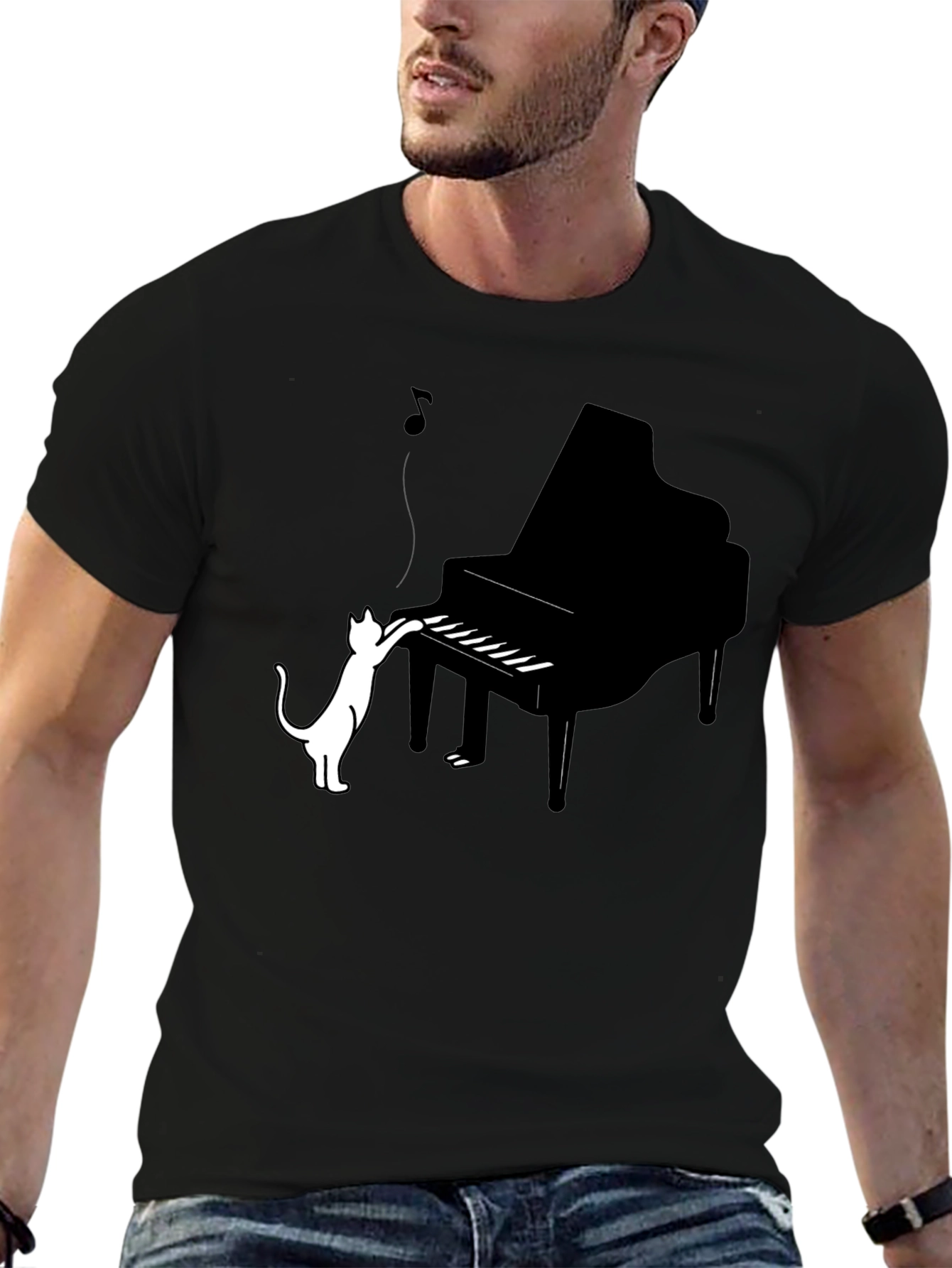 Black Cat Playing Piano Graphic Tee - Black Cotton Blend view 6