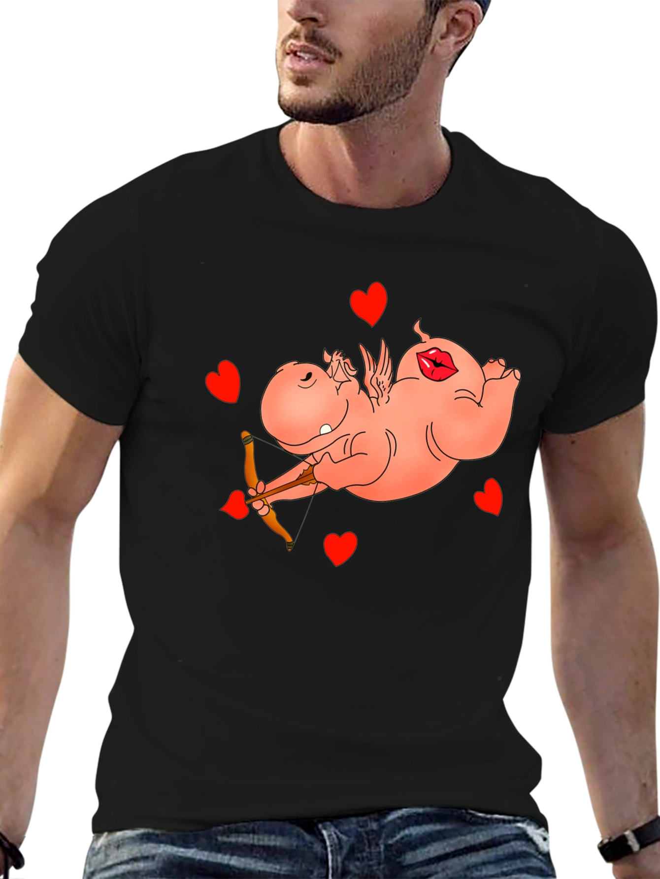 Black Cupid Hippo Graphic Tee - Funny Valentine's Day Shirt view 6