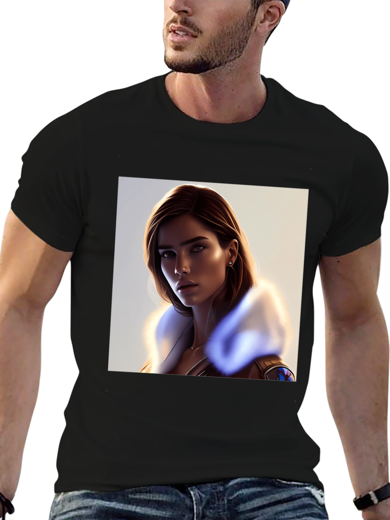 Stylish Black T-Shirt with Woman Portrait - 6