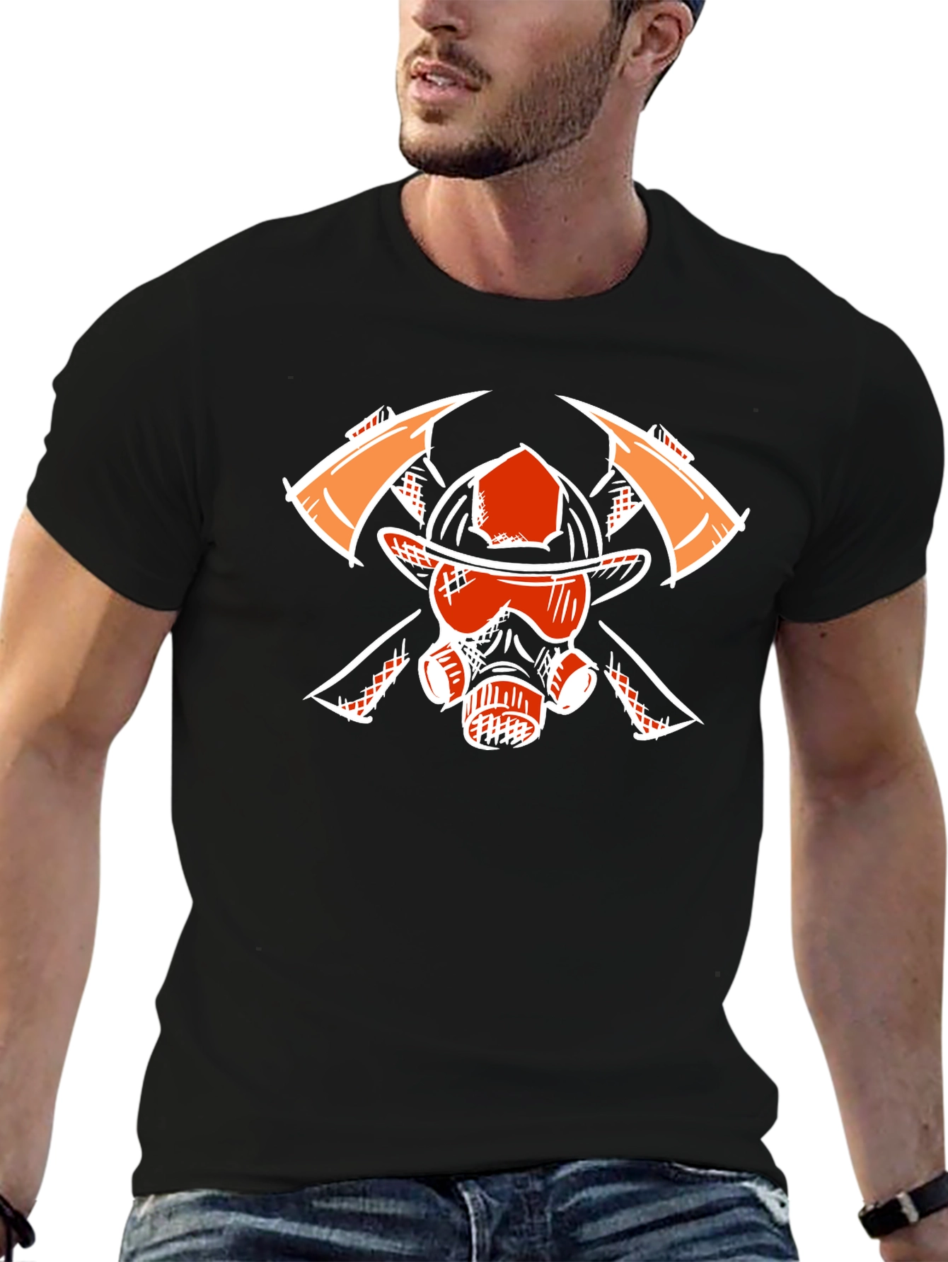 Black Firefighter Graphic Tee - Axes, Helmet, Mask view 6