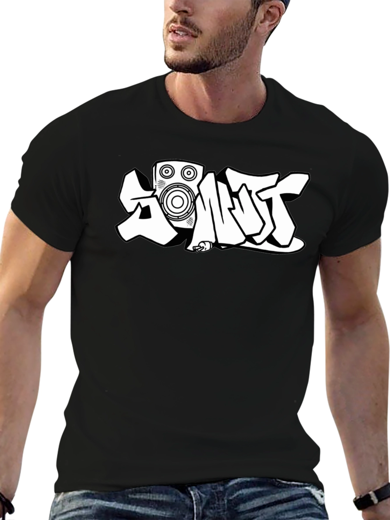Black Black T-Shirt with White Graffiti-Style Speaker Graphic view 6