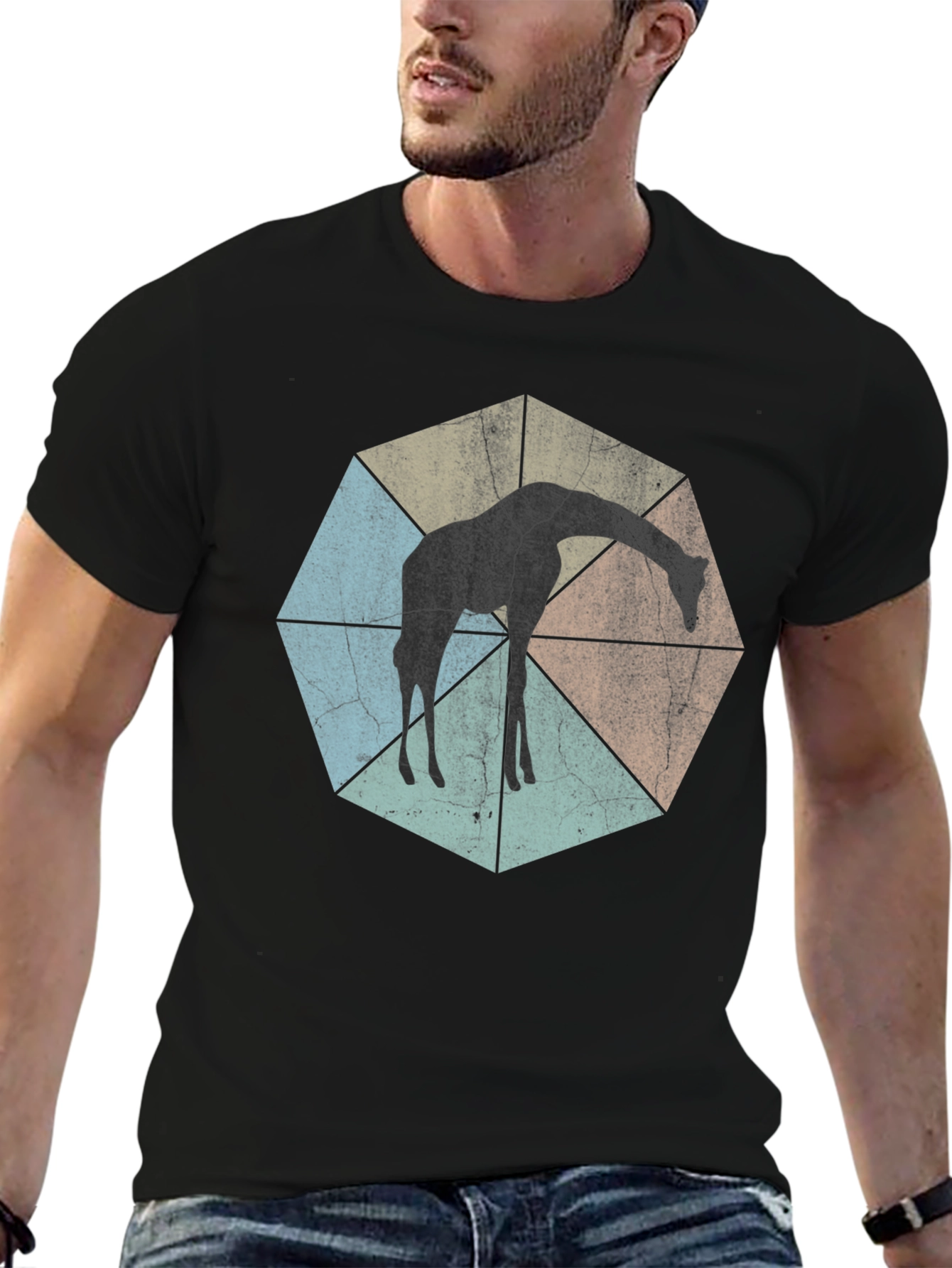 Black Geometric Giraffe T-Shirt - Unisex Black Tee view 6