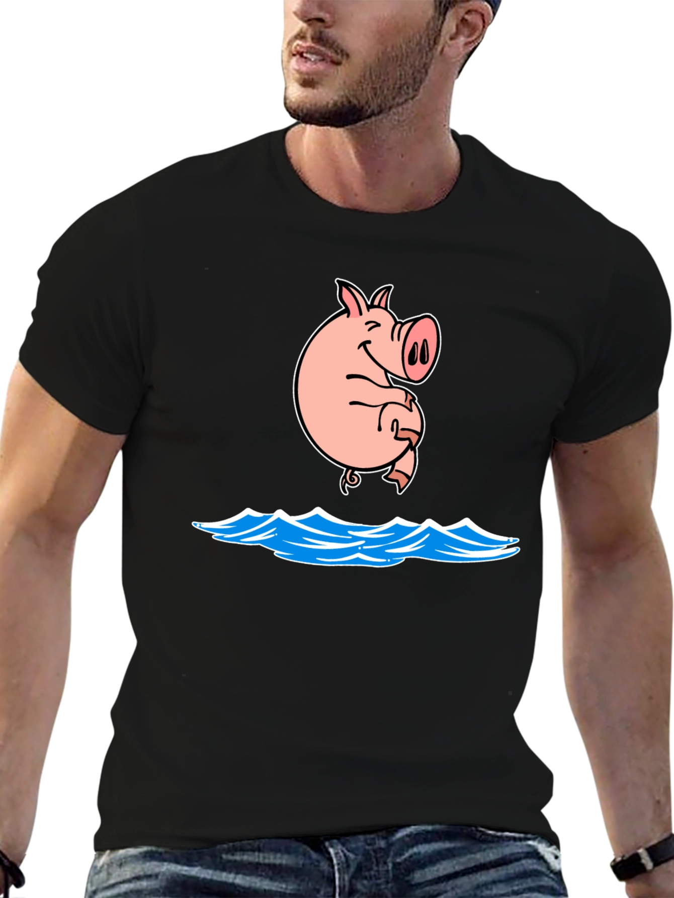Black Pig Swimming T-Shirt Funny Graphic Tee view 6