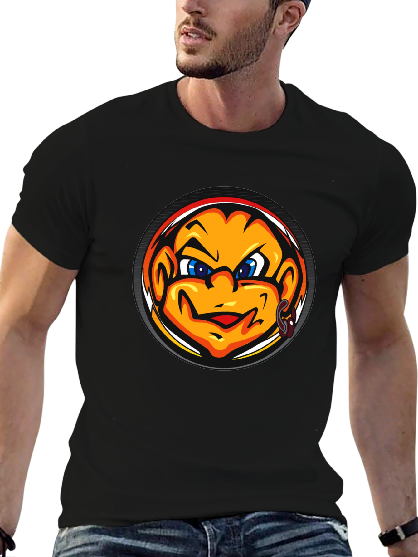 Black Cool Black T-Shirt with Cartoon Face Graphic view 6