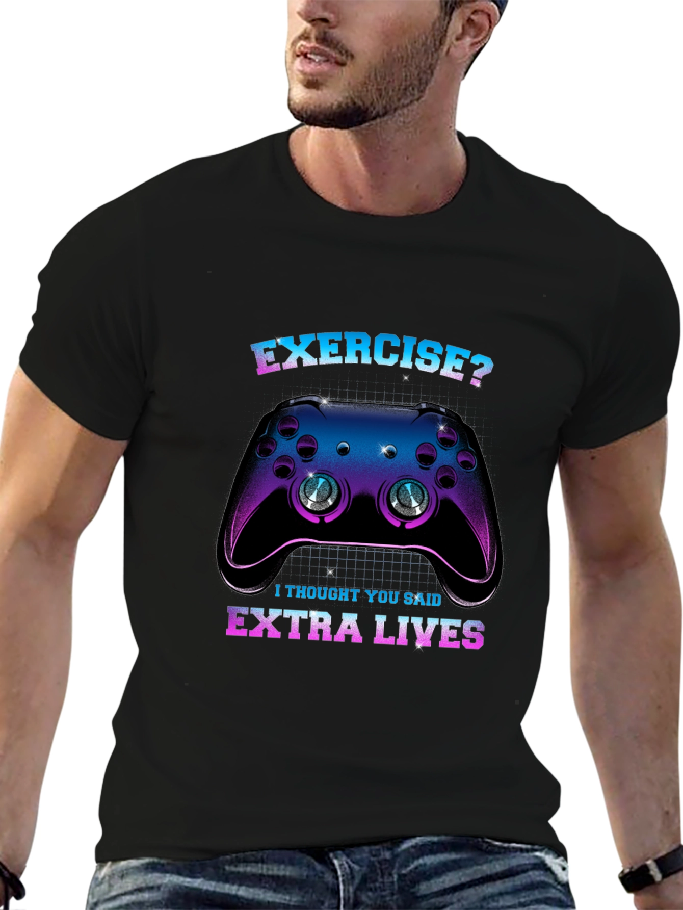 Black Funny Gamer T-Shirt: Exercise? Extra Lives! view 6