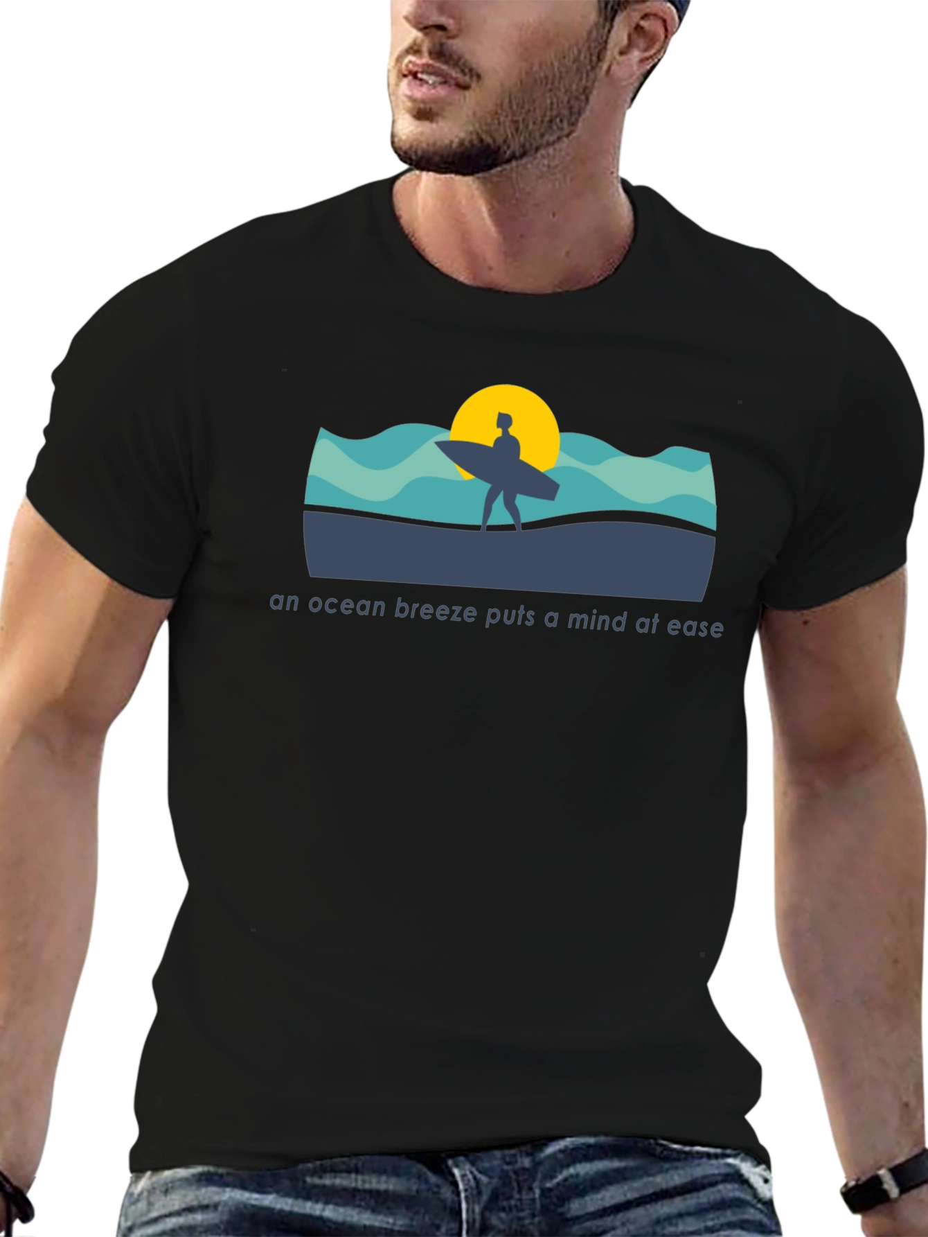 Black Ocean Breeze T-Shirt: Surfer Silhouette view 6