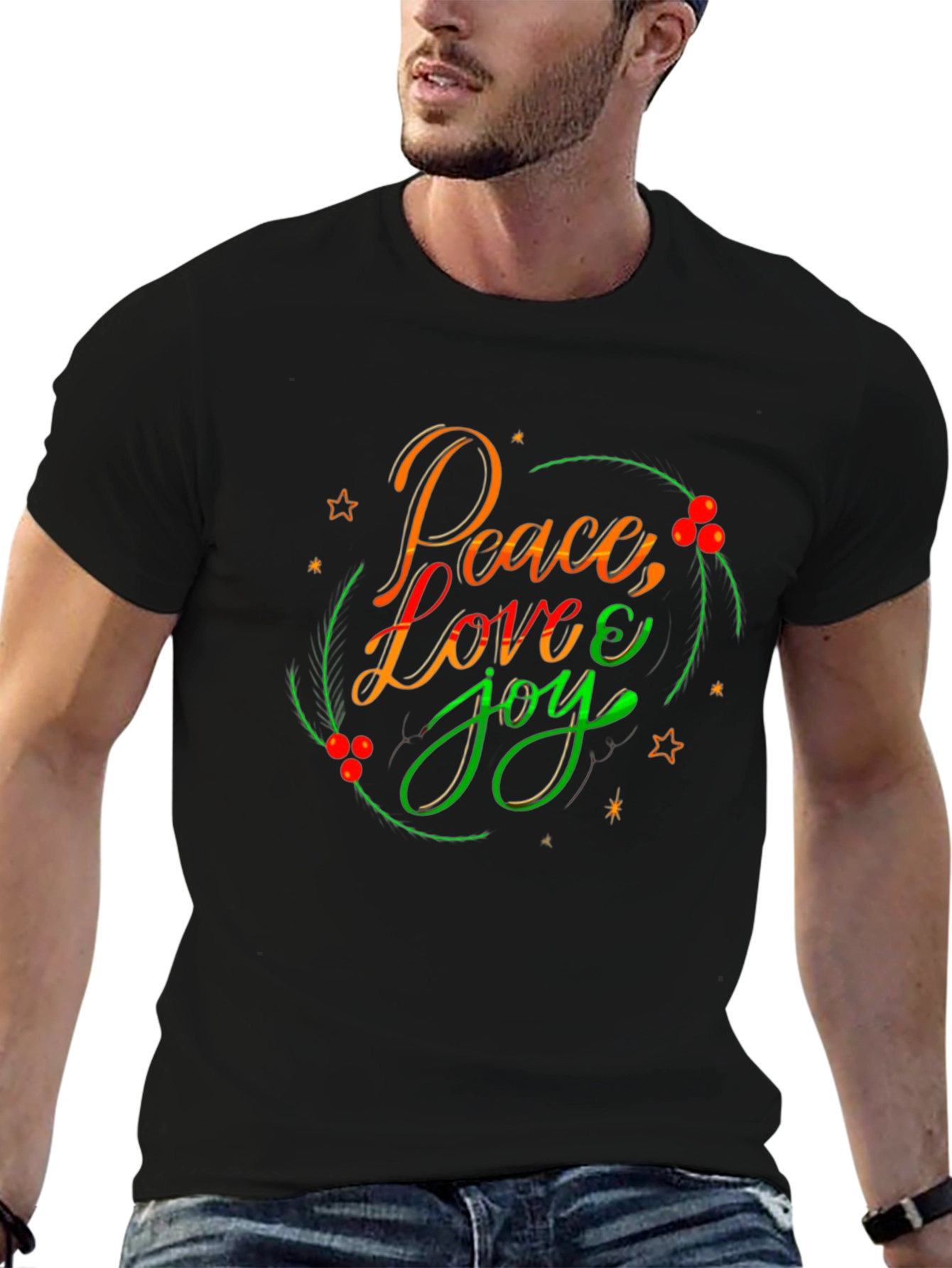 Black Peace Love Joy Holiday T-Shirt - Festive Design view 6