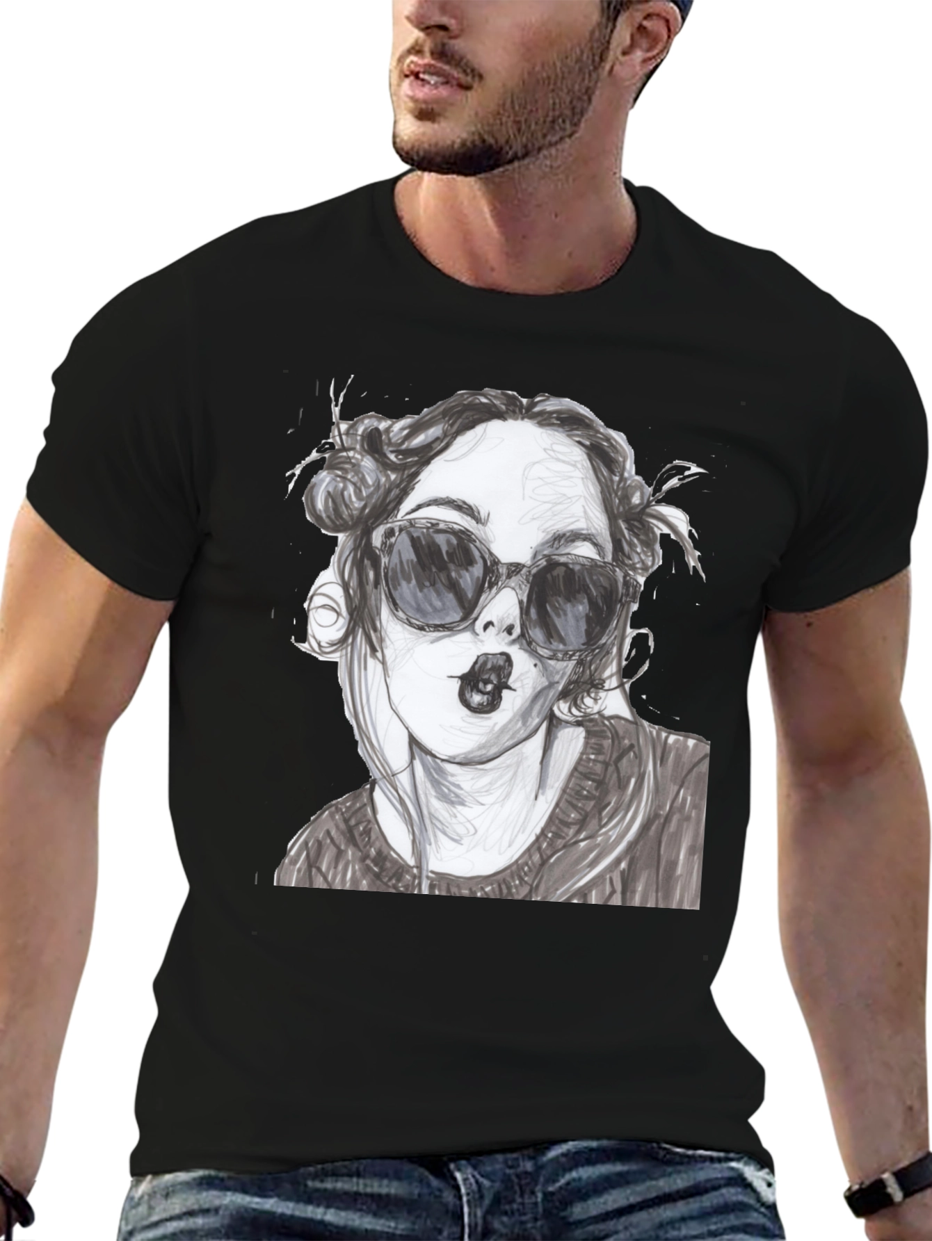 Black Woman Sketch Graphic Black T-Shirt view 6