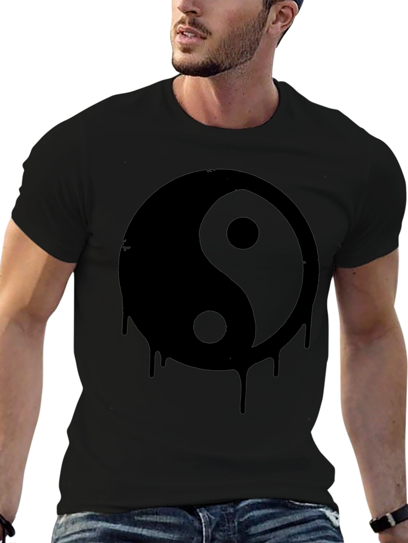 Black Yin Yang Drip Graphic Tee - Black Cotton T-Shirt view 6