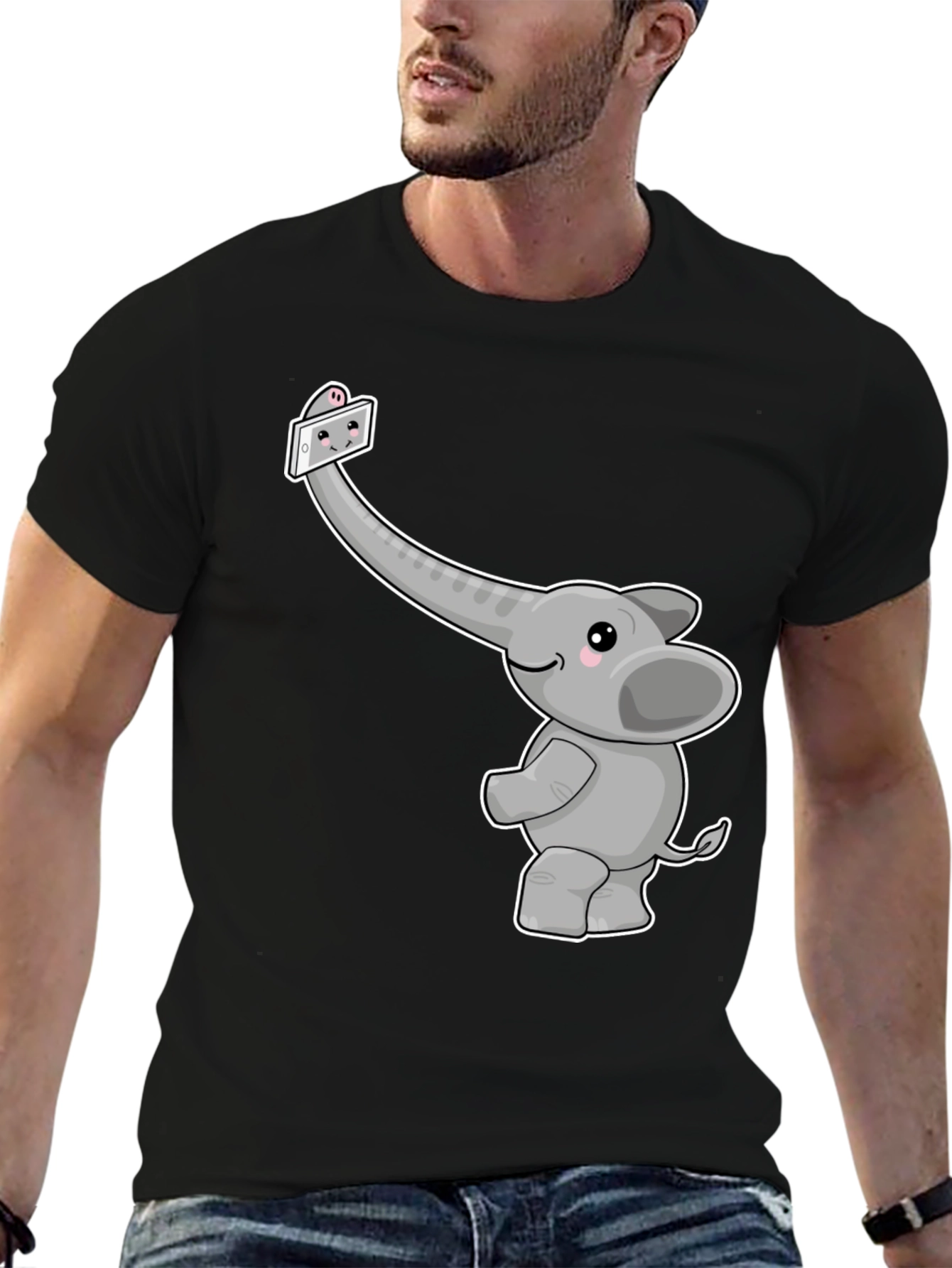 Black Elephant Selfie Graphic Tee - Cute Animal Shirt view 6