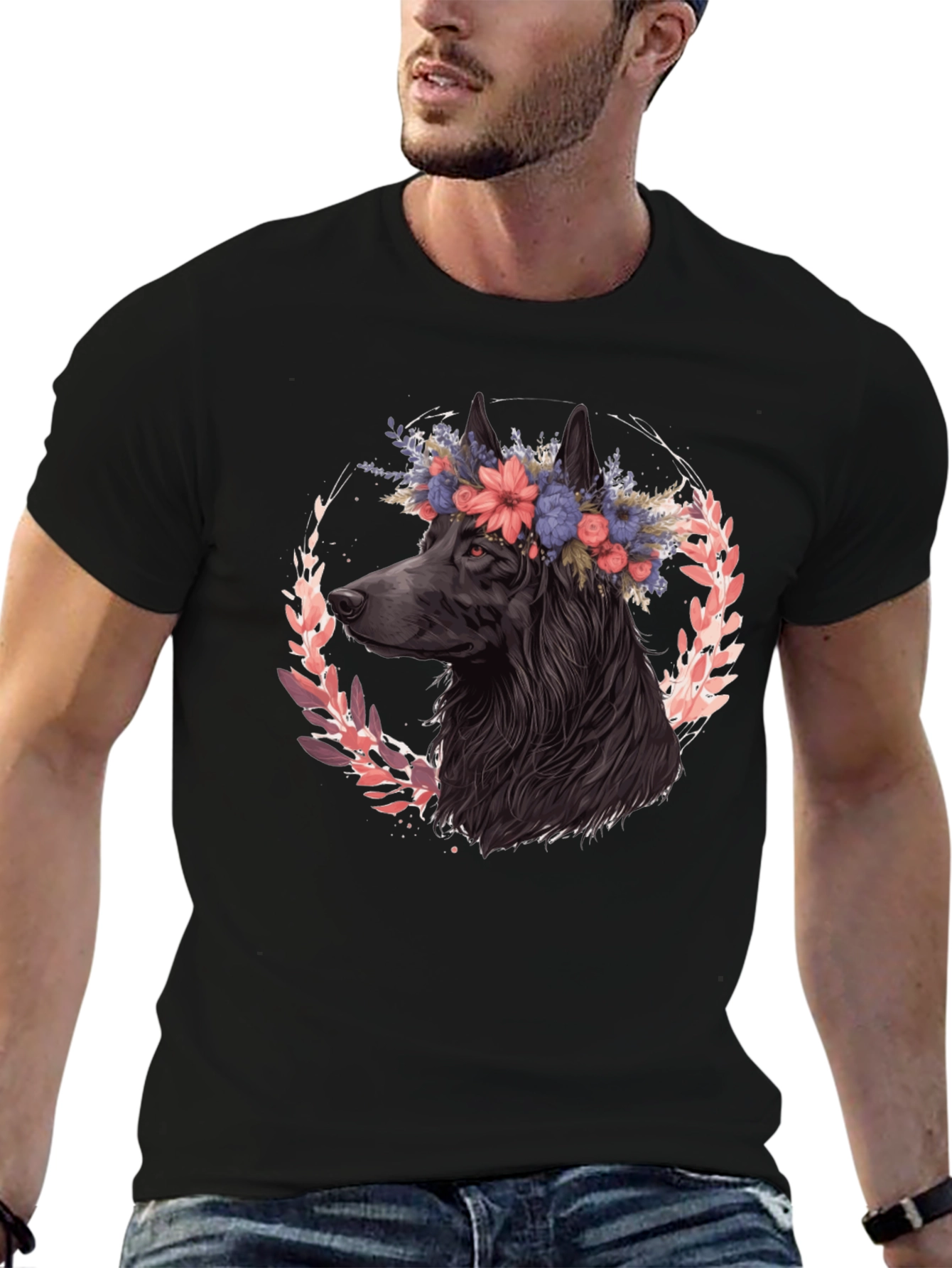 Black Floral Dog Graphic Tee - Black Cotton T-Shirt view 6