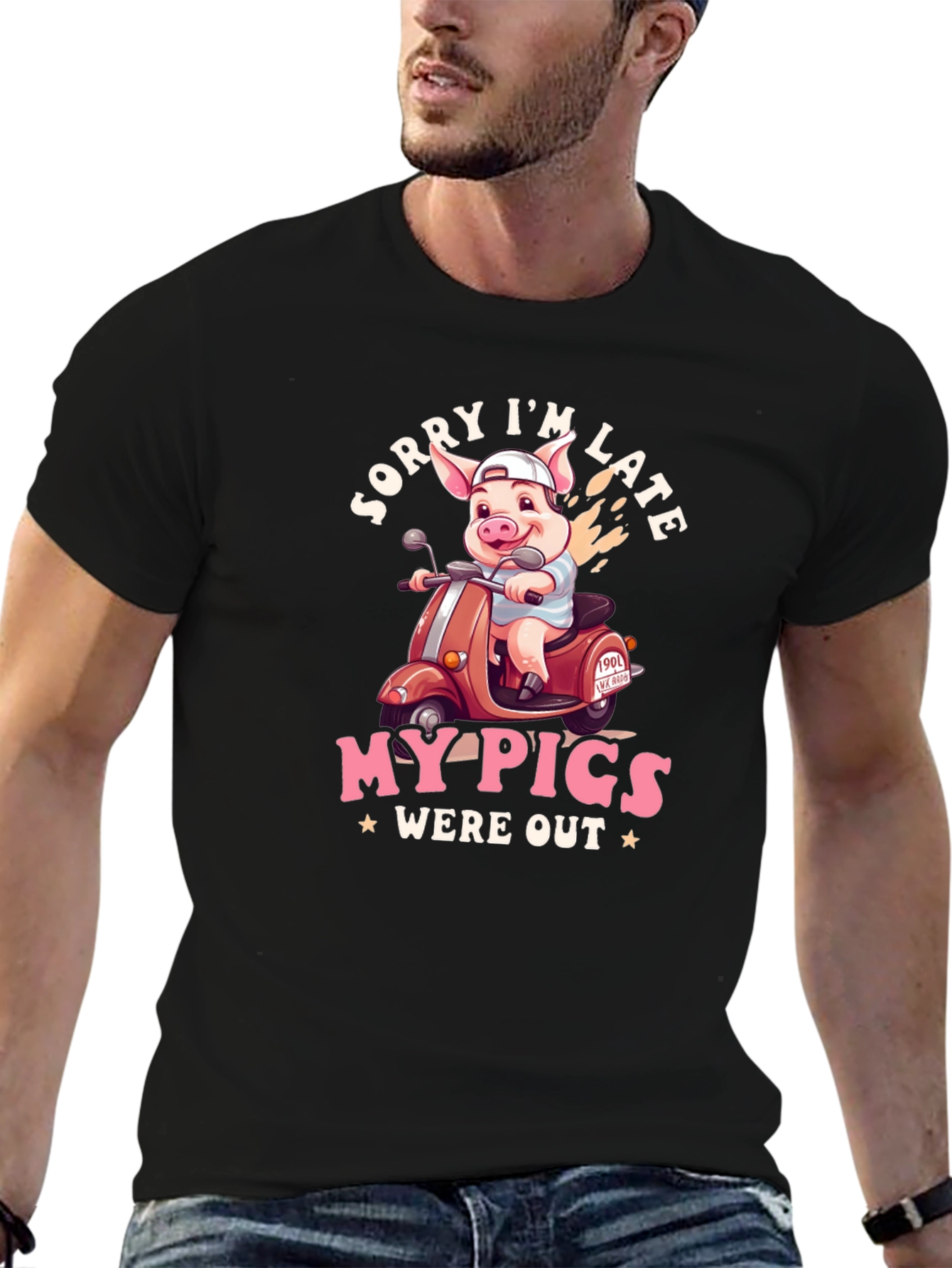 Black Funny Pig Scooter T-Shirt view 6