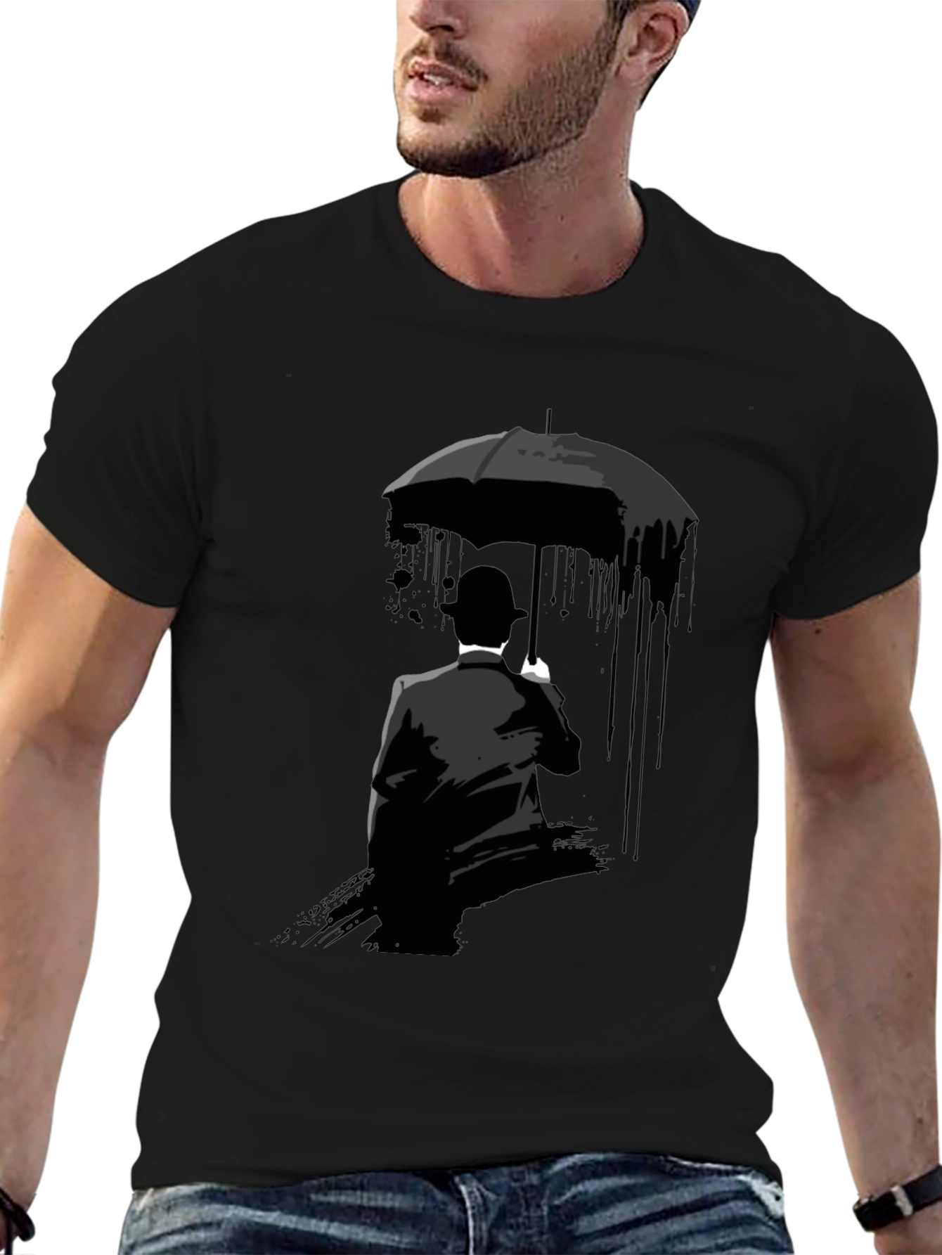 Black Umbrella Man Graphic Tee - Stylish Black T-Shirt view 6