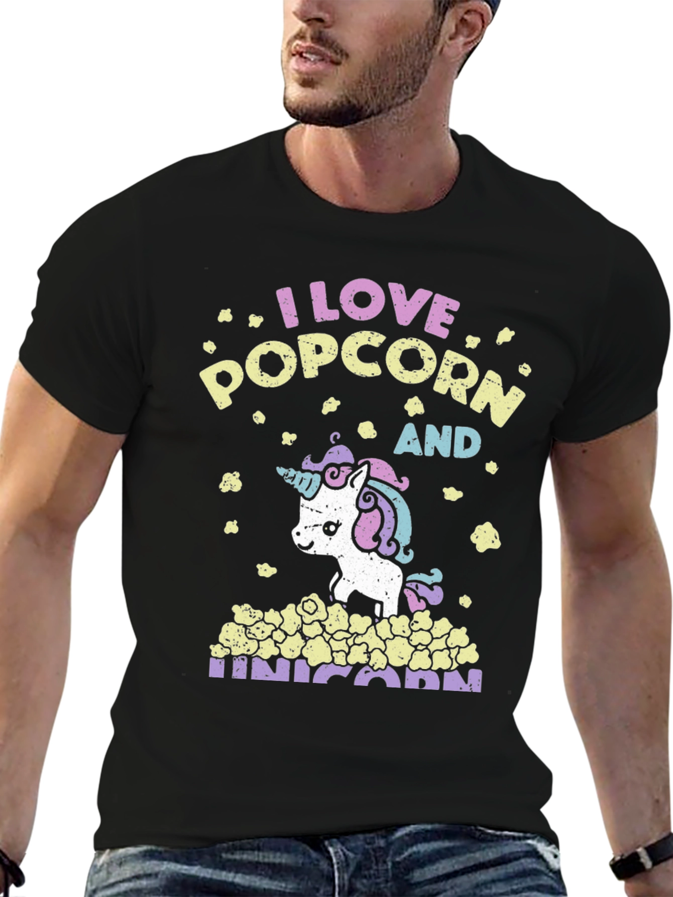 Black I Love Popcorn and Unicorn T-Shirt view 6