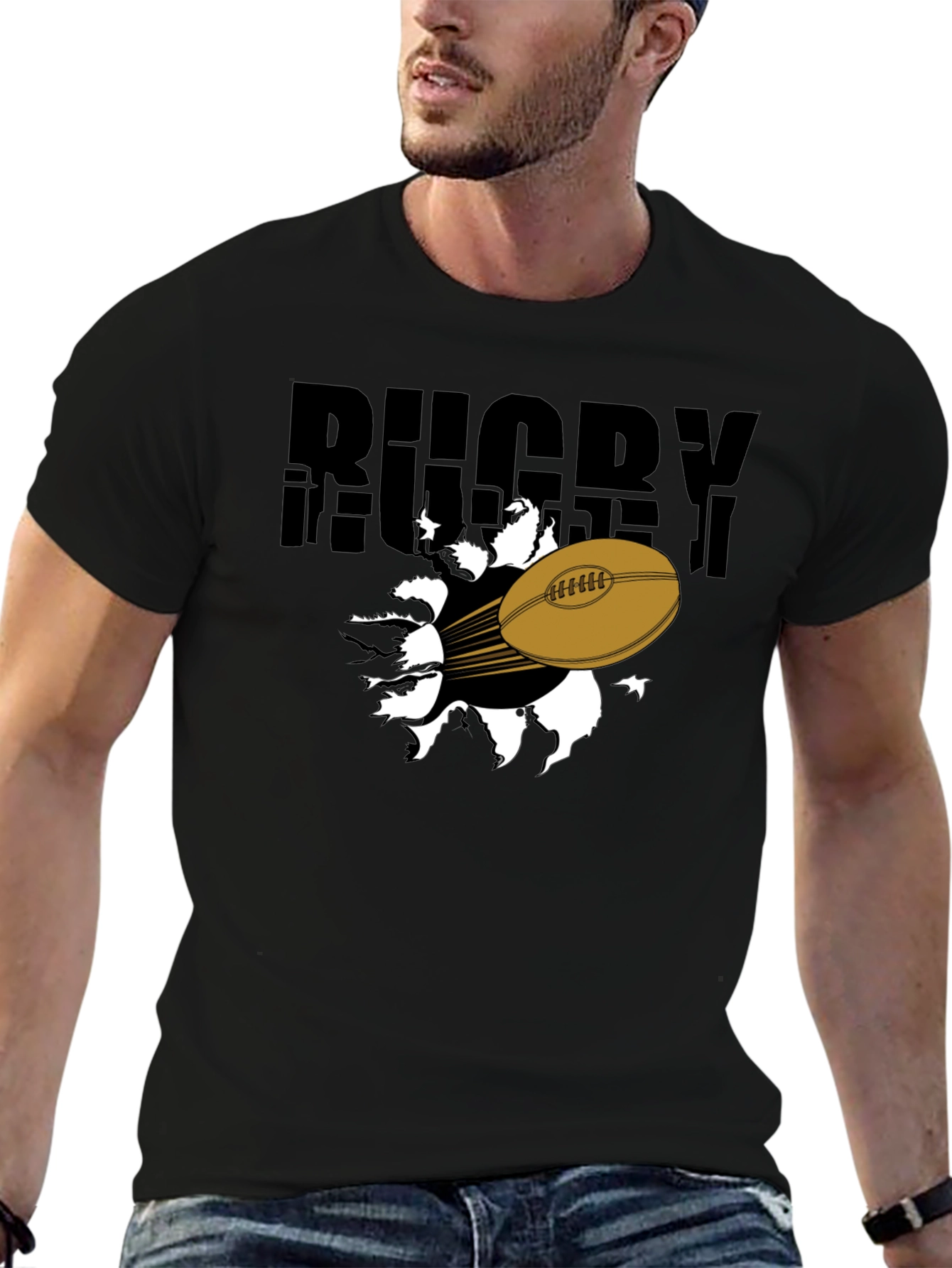 Black Rugby Ball Graphic T-Shirt - Black view 6