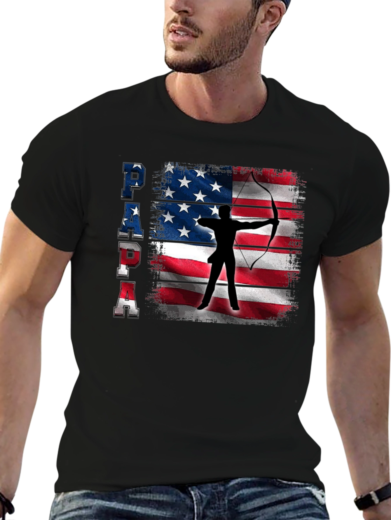 Black Patriotic Archer Dad T-Shirt - USA Flag Bow Hunting view 6