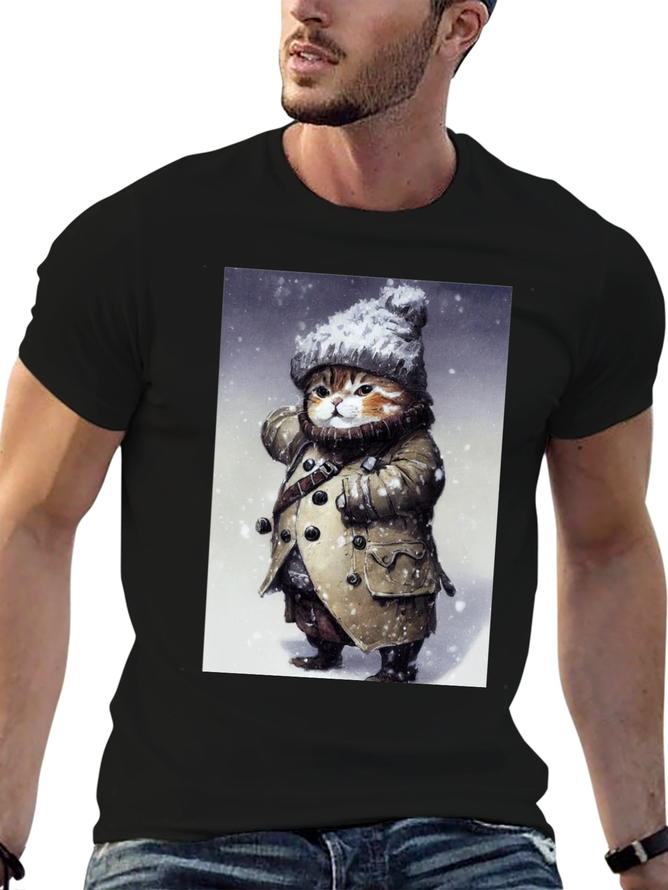 Black Winter Cat in Coat T-Shirt - Unique Graphic Tee view 6