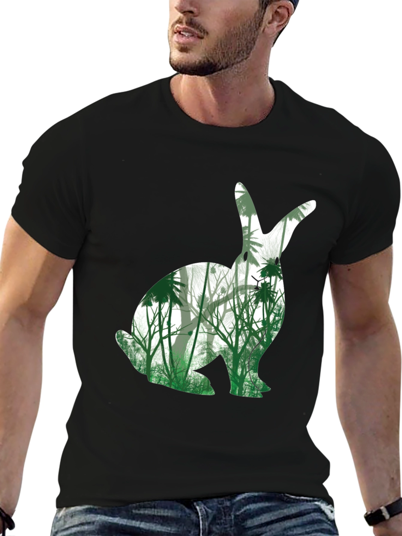 Black Nature Bunny Graphic Tee - Black Cotton Blend T-Shirt view 6